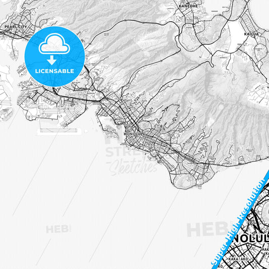 Honolulu, Hawaii light map with streetnames, citynames and districts
