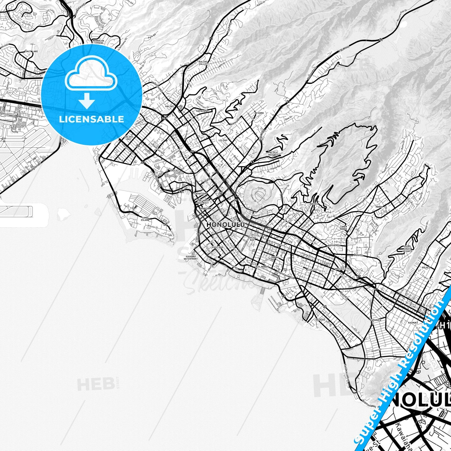 Honolulu, Hawaii Light Map with Street Names, City Names, and Districts