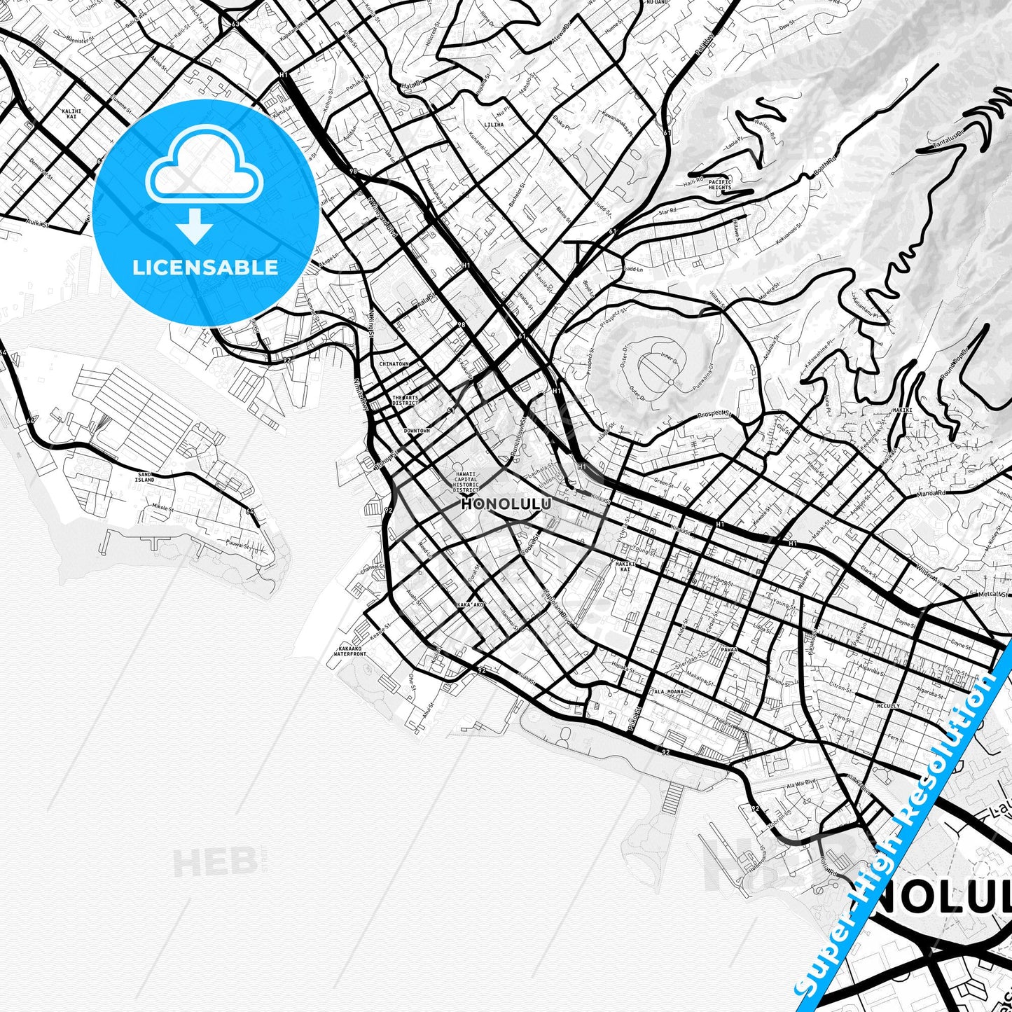 Honolulu, Hawaii Light Map with Street Names, City Names, and Districts