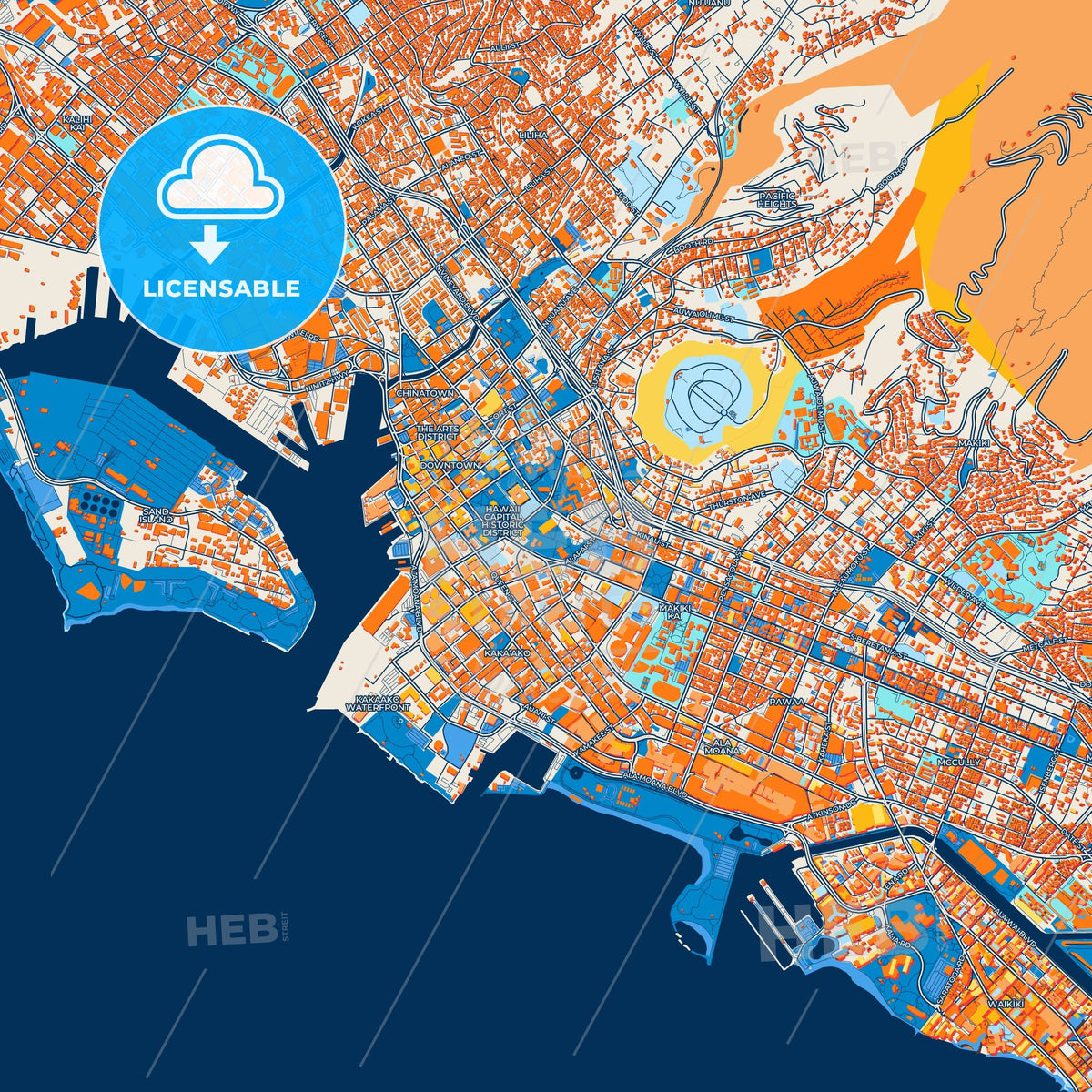 Colorful Honolulu Street Map with Labels and Buildings