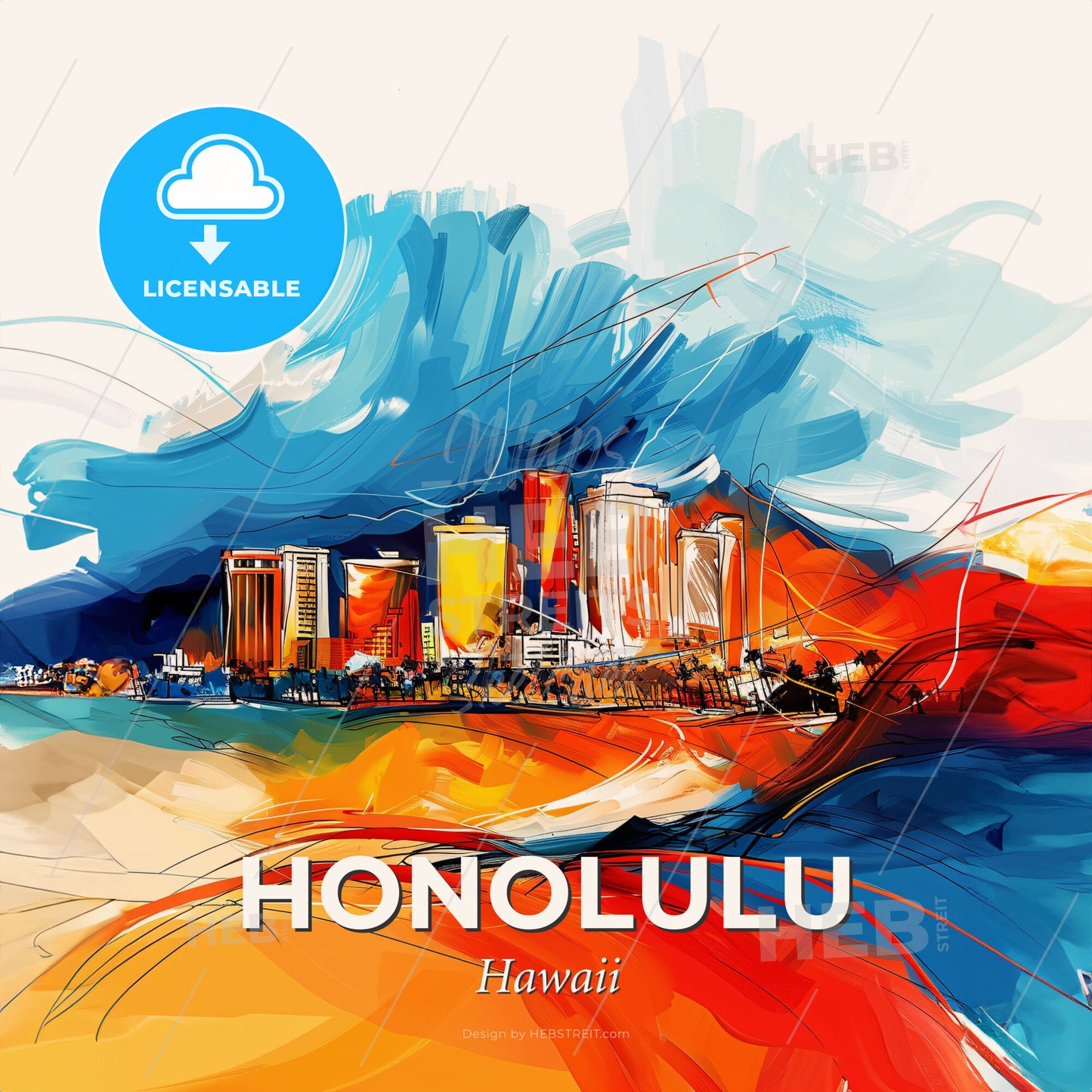 Vibrant Honolulu, Hawaii - A Painting Of A City - Square format print template