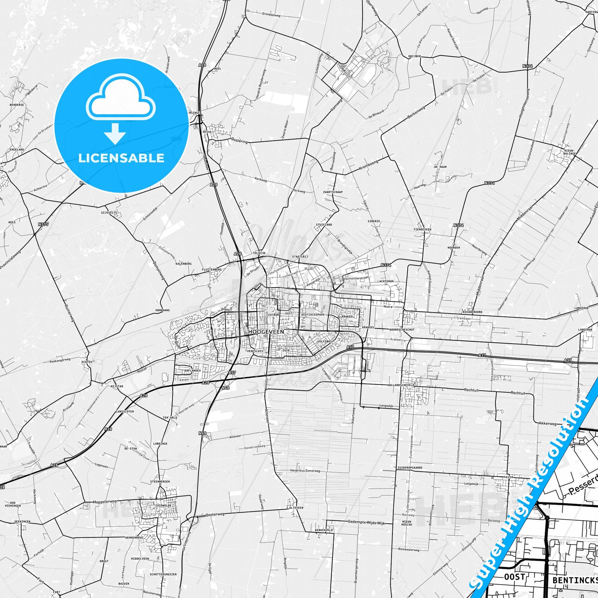 Hoogeveen, Netherlands light map with streetnames, citynames and districts