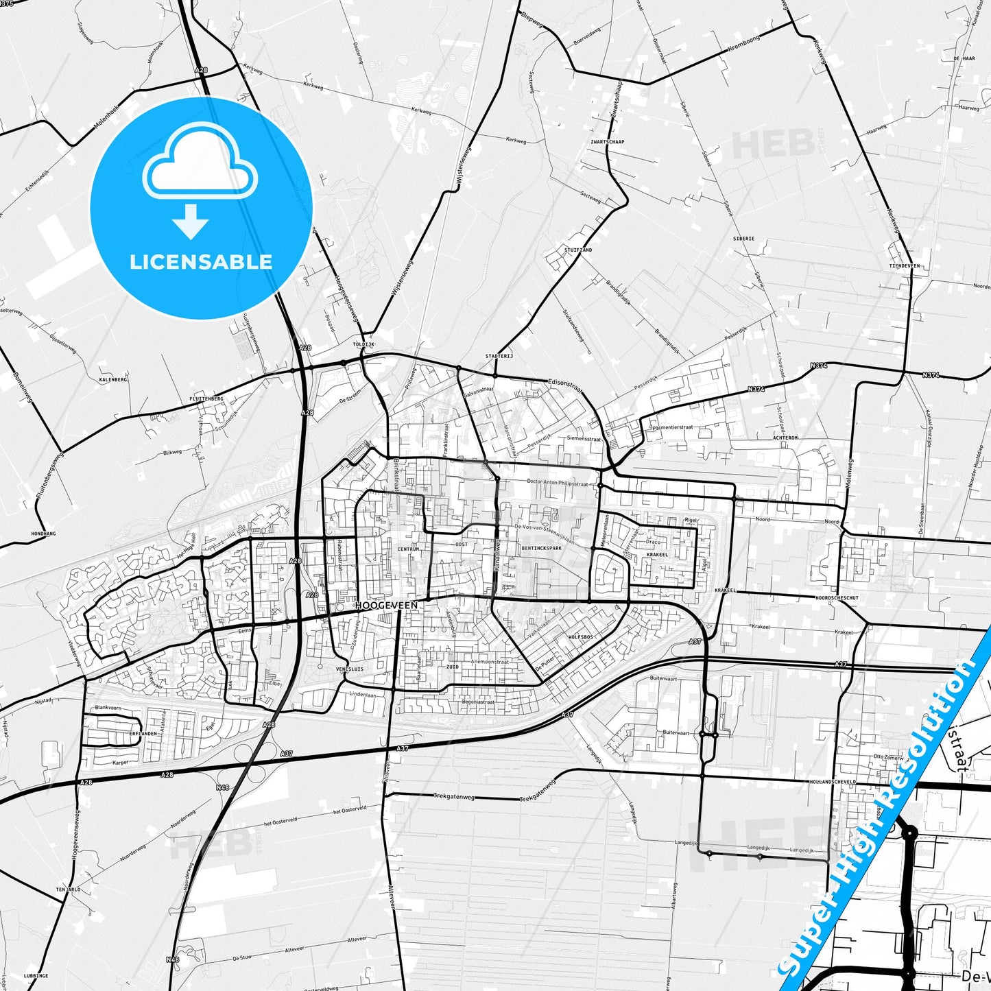 Hoogeveen, Netherlands Light Map with Street Names, City Names, and Districts