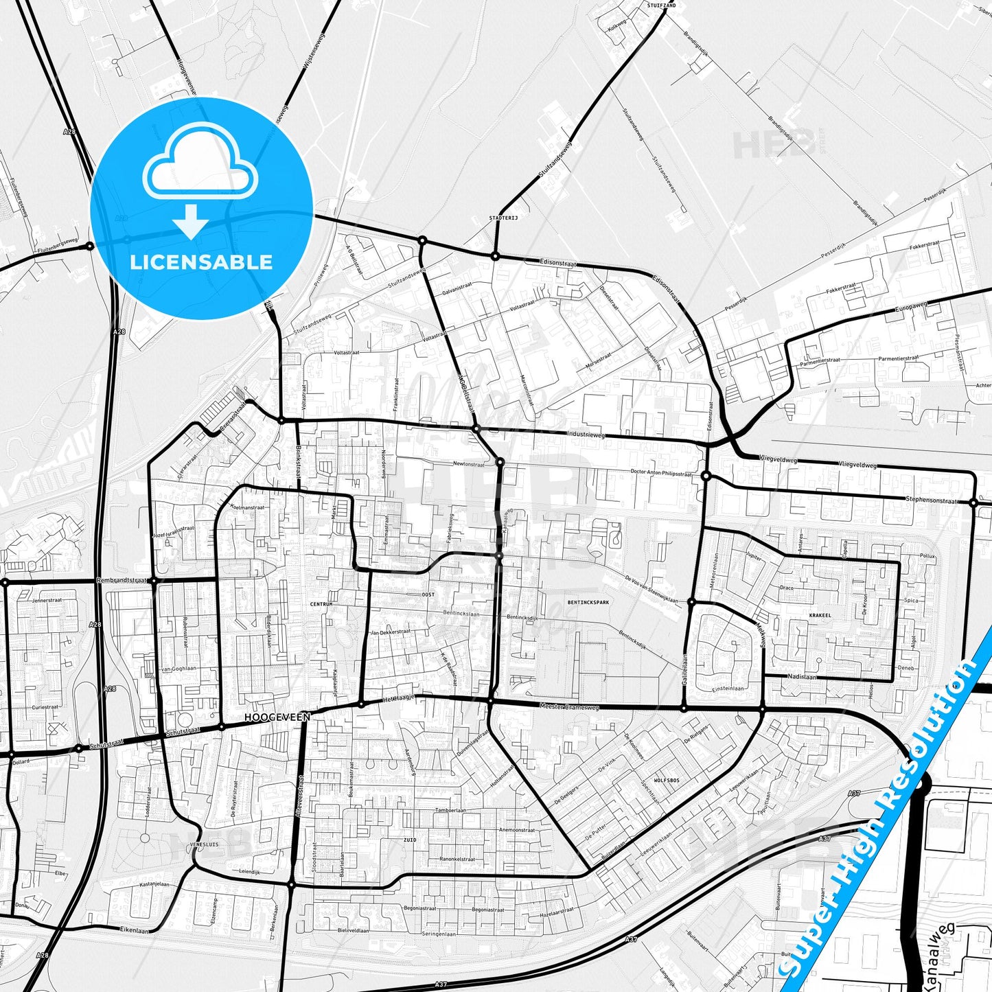 Hoogeveen, Netherlands Light Map with Street Names, City Names, and Districts