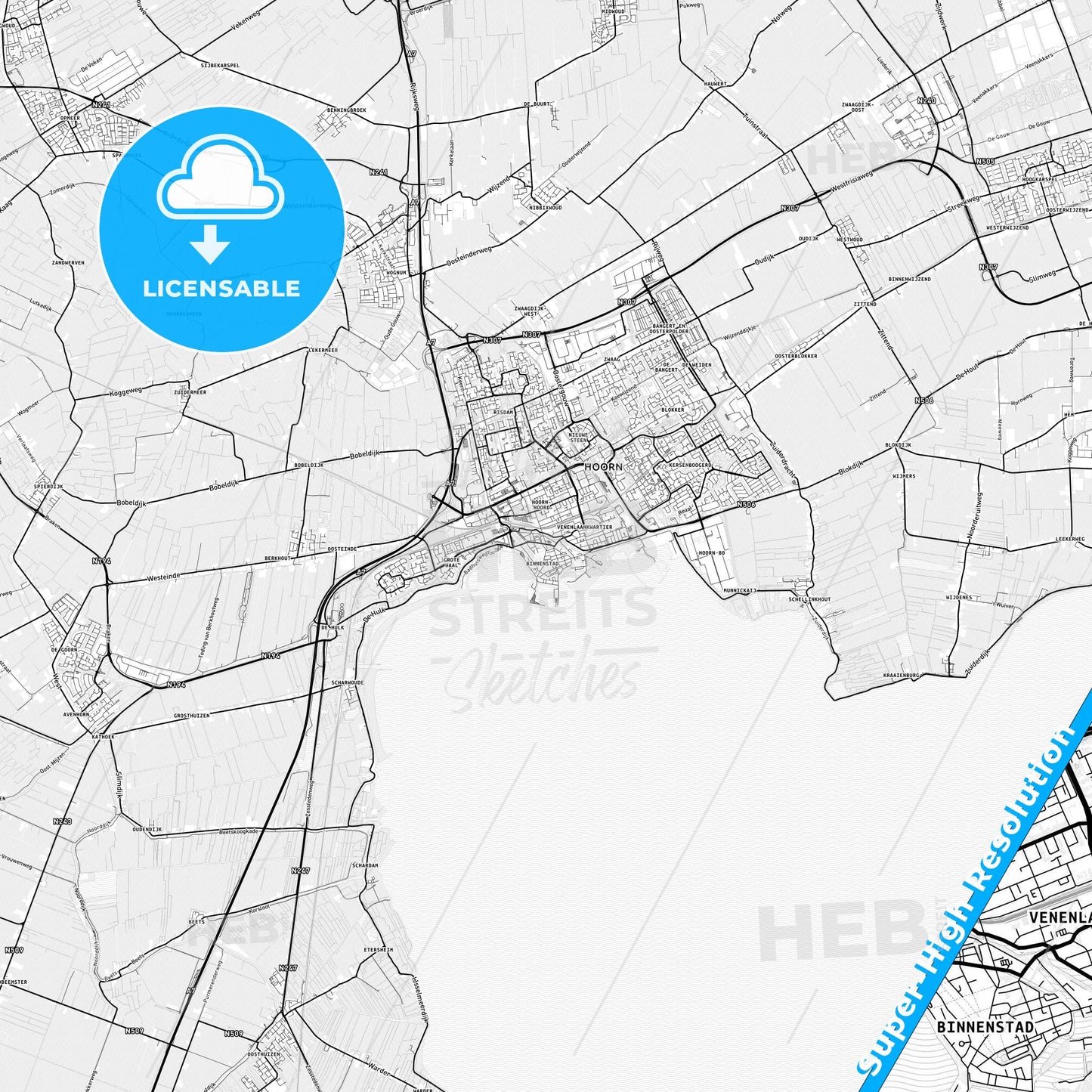 Hoorn, Netherlands light map with streetnames, citynames and districts