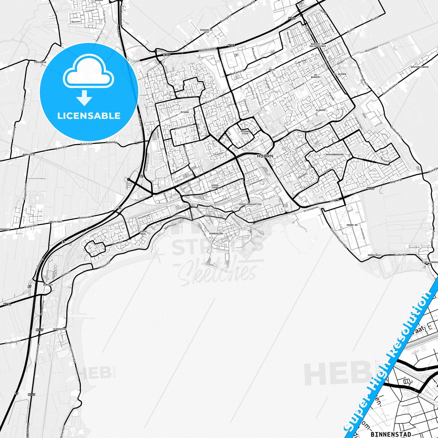 Hoorn, Netherlands Light Map with Street Names, City Names, and Districts