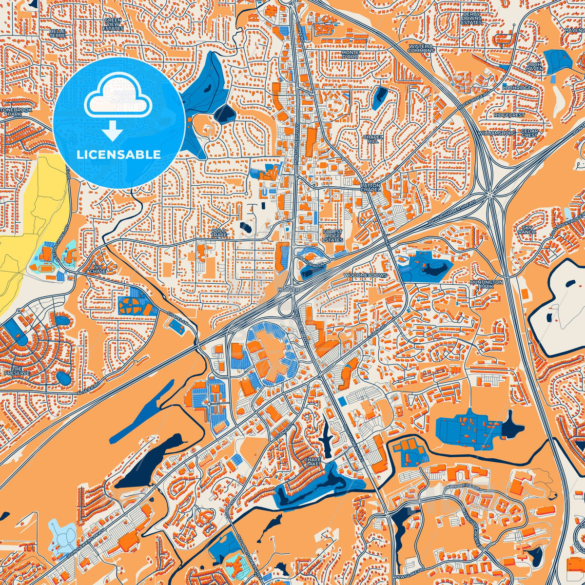 Colorful Hoover Street Map with Labels and Buildings