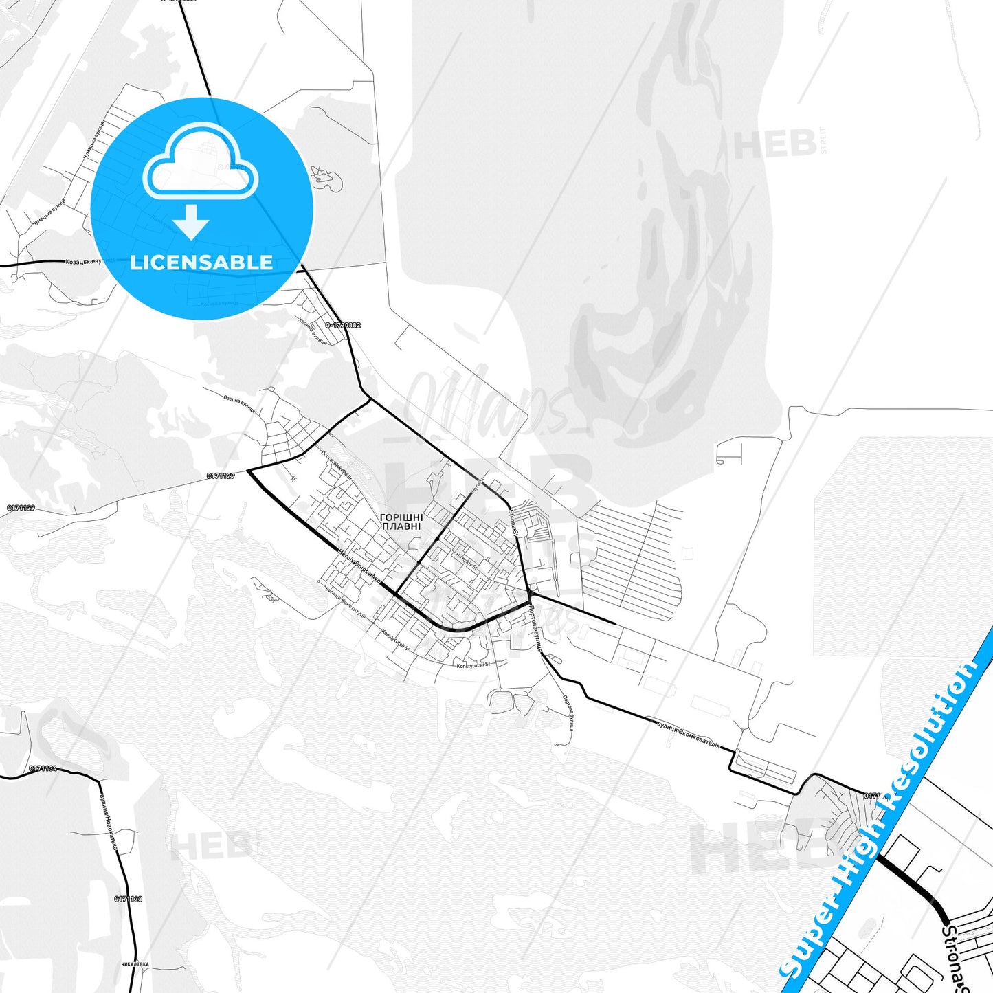 Horishni Plavni, Ukraine Light Map with Street Names, City Names, and Districts