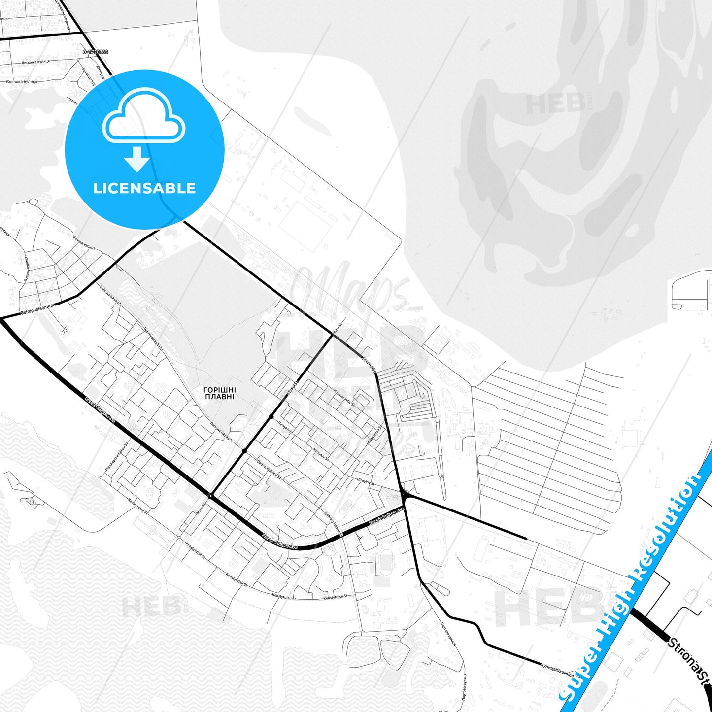 Horishni Plavni, Ukraine Light Map with Street Names, City Names, and Districts