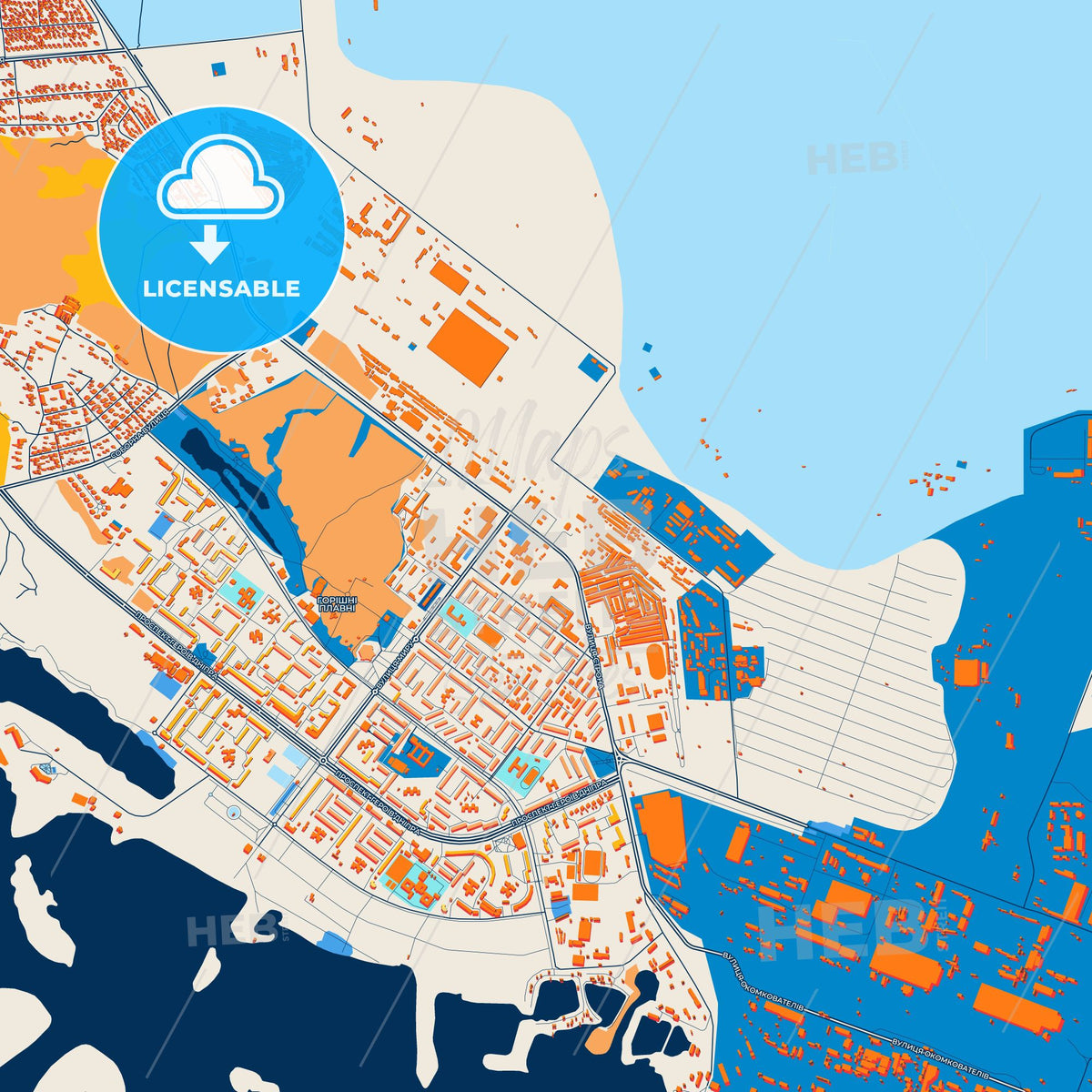 Colorful Horishni Plavni Street Map with Labels and Buildings
