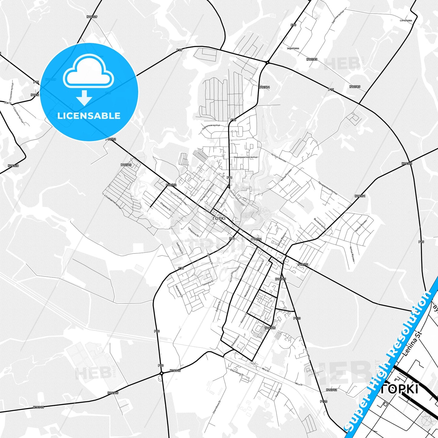 Horki, Belarus Light Map with Street Names, City Names, and Districts