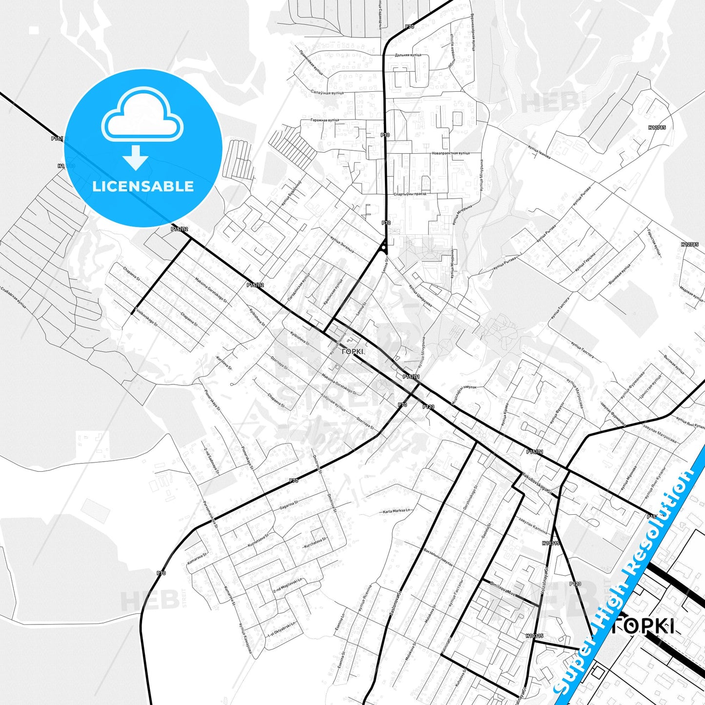 Horki, Belarus Light Map with Street Names, City Names, and Districts