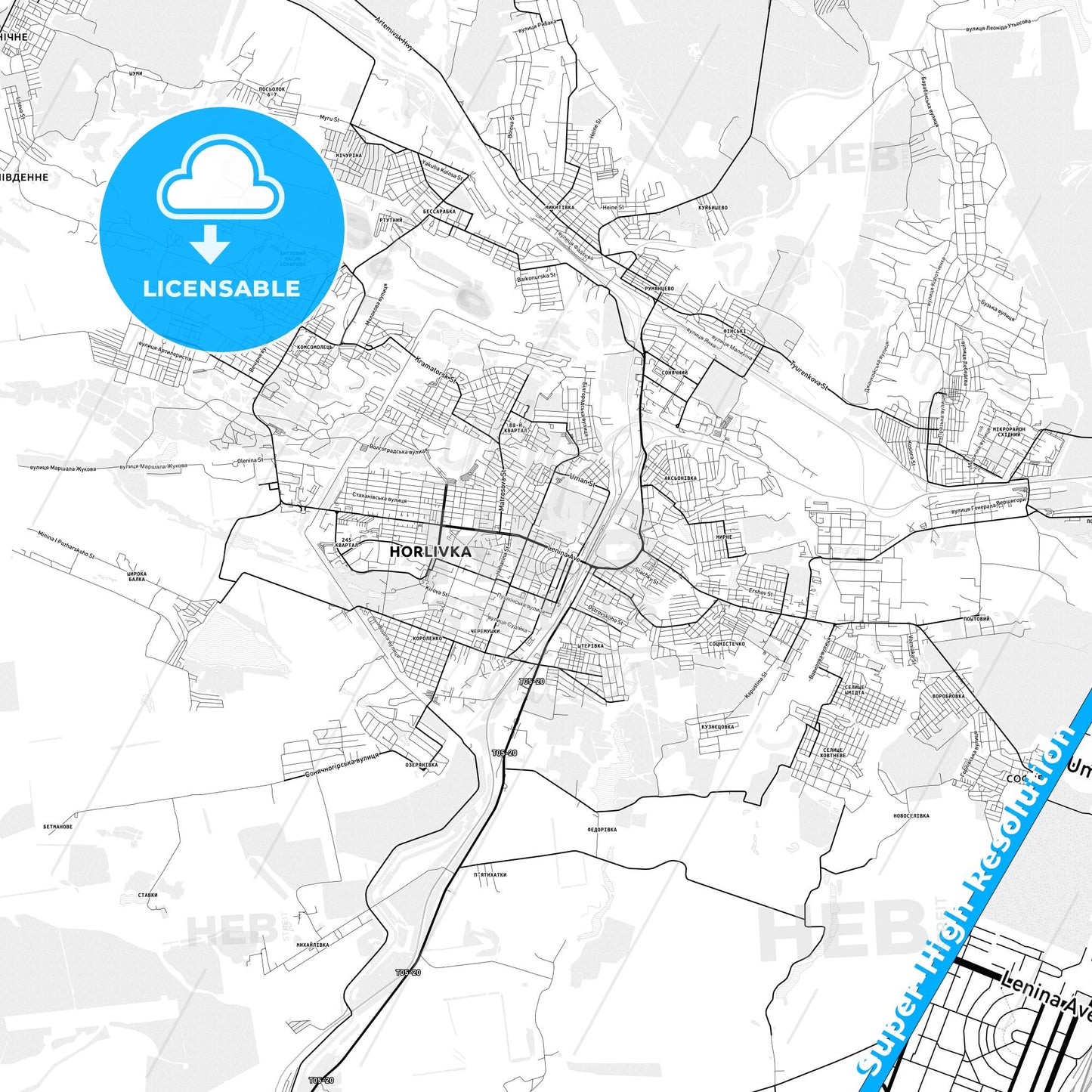 Horlivka, Ukraine light map with streetnames, citynames and districts