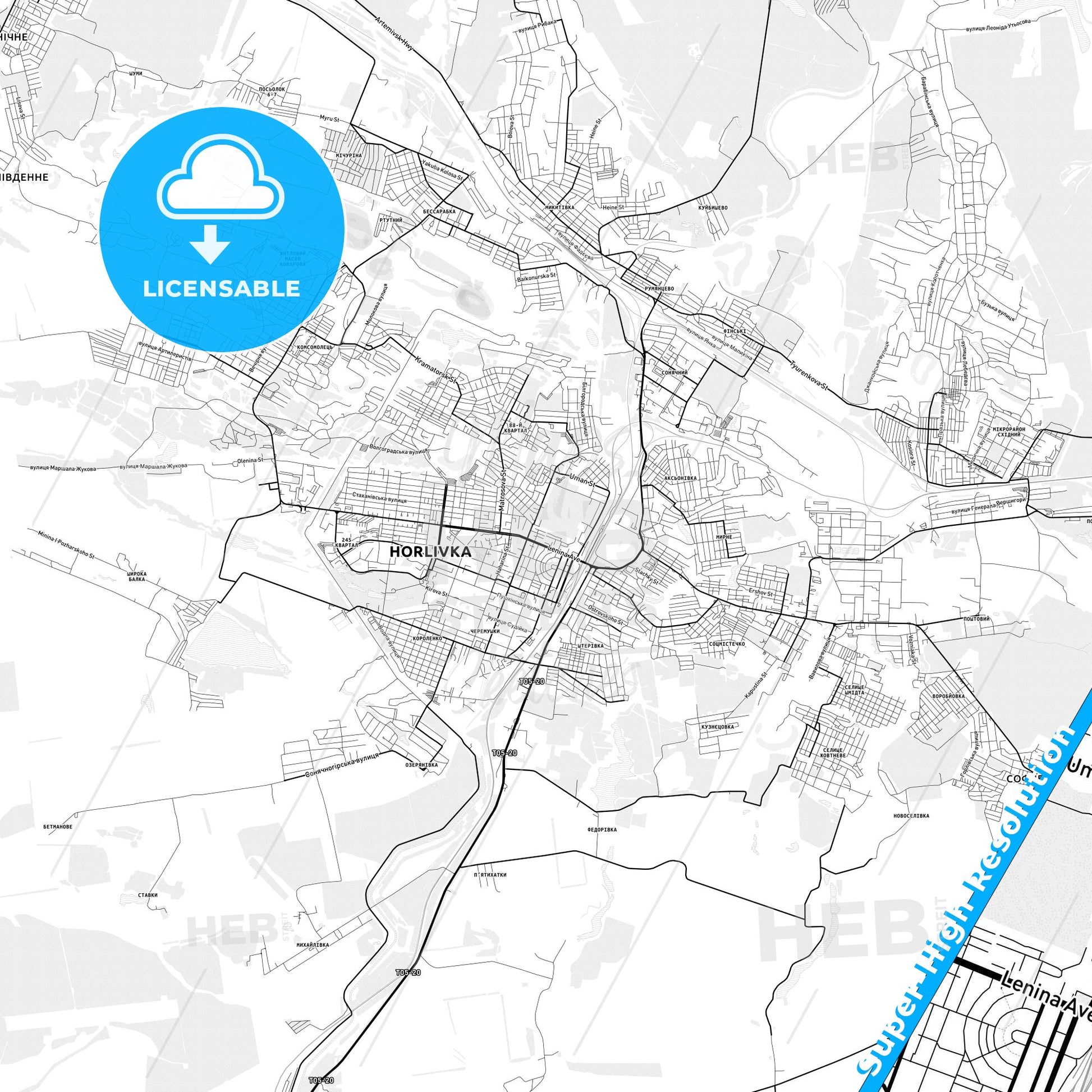 Horlivka, Ukraine light map with streetnames, citynames and districts