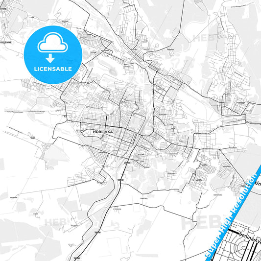 Horlivka, Ukraine light map with streetnames, citynames and districts