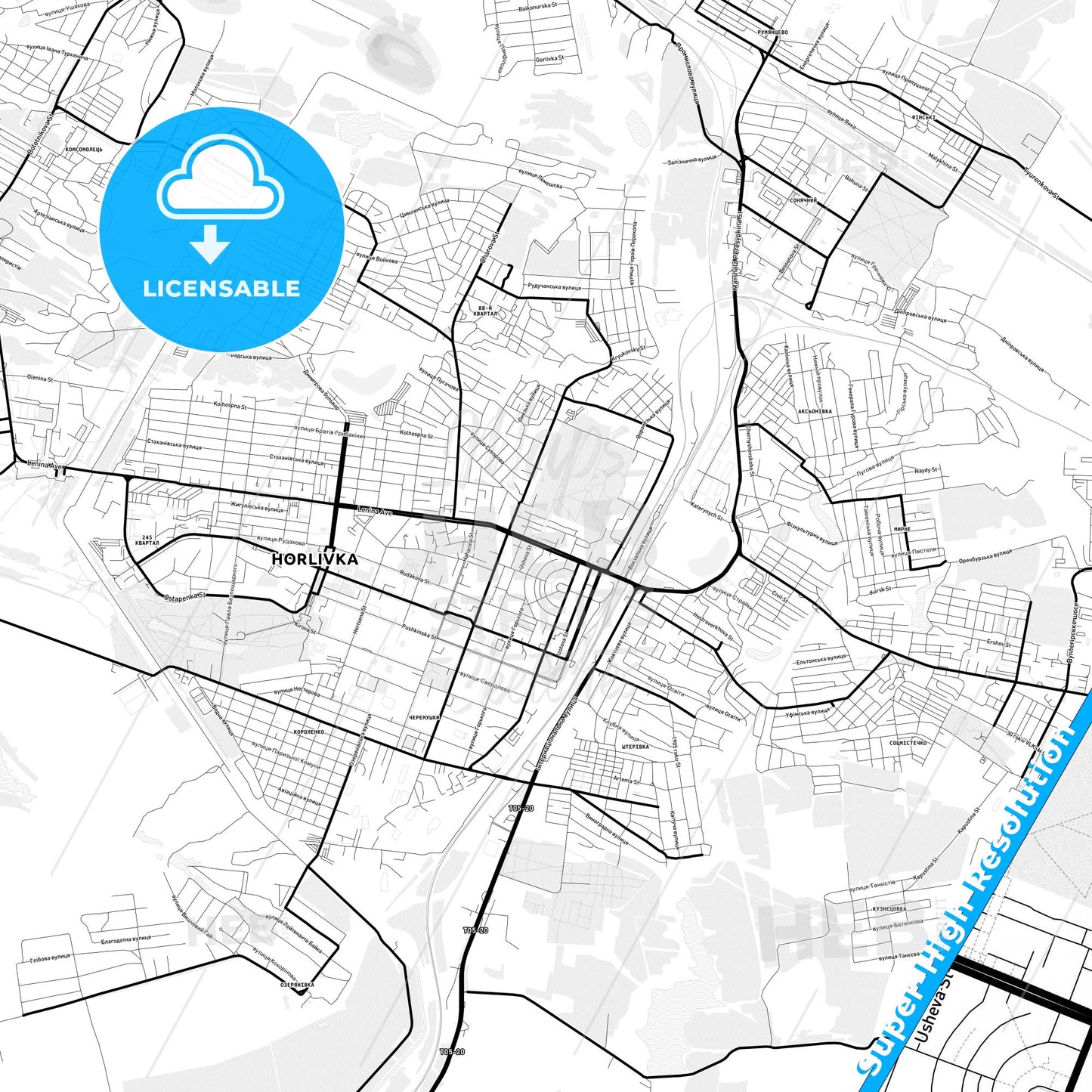 Horlivka, Ukraine Light Map with Street Names, City Names, and Districts