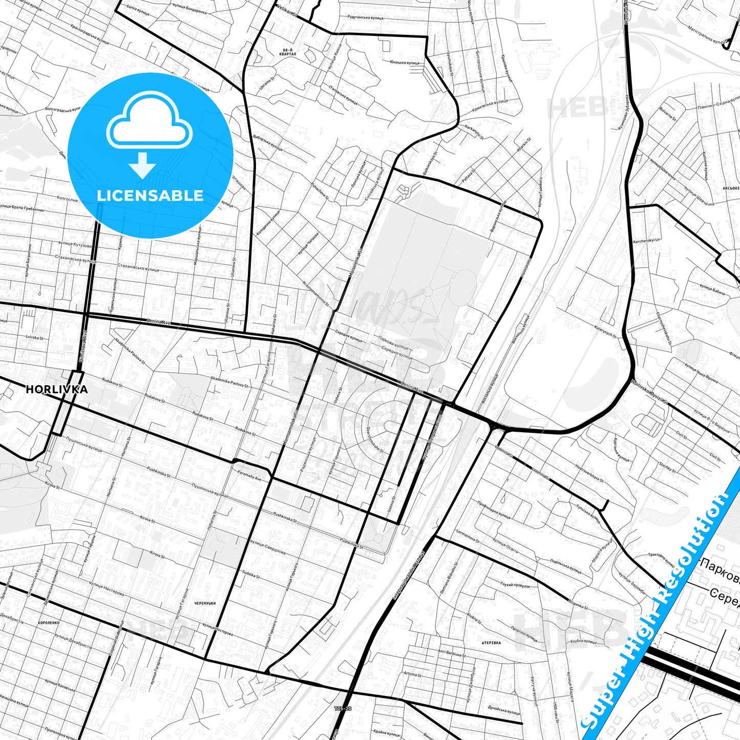 Horlivka, Ukraine Light Map with Street Names, City Names, and Districts