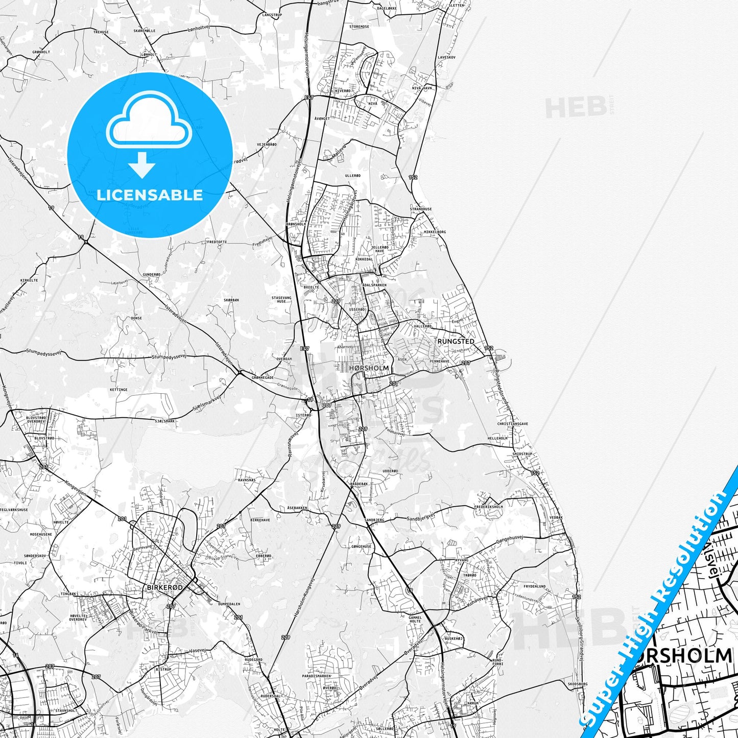 Hørsholm, Denmark light map with streetnames, citynames and districts