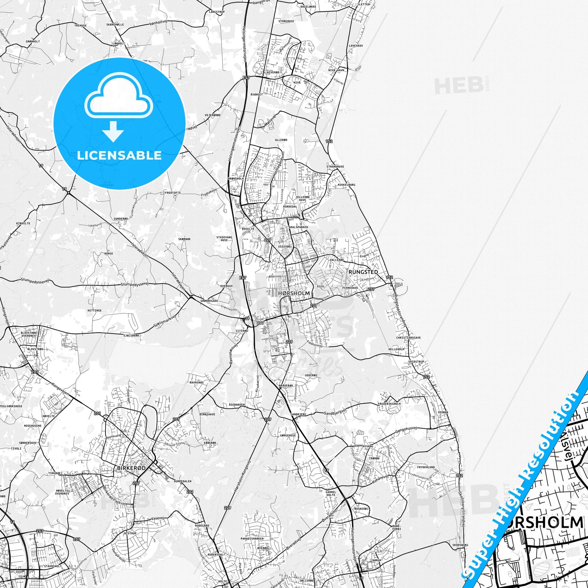Hørsholm, Denmark light map with streetnames, citynames and districts