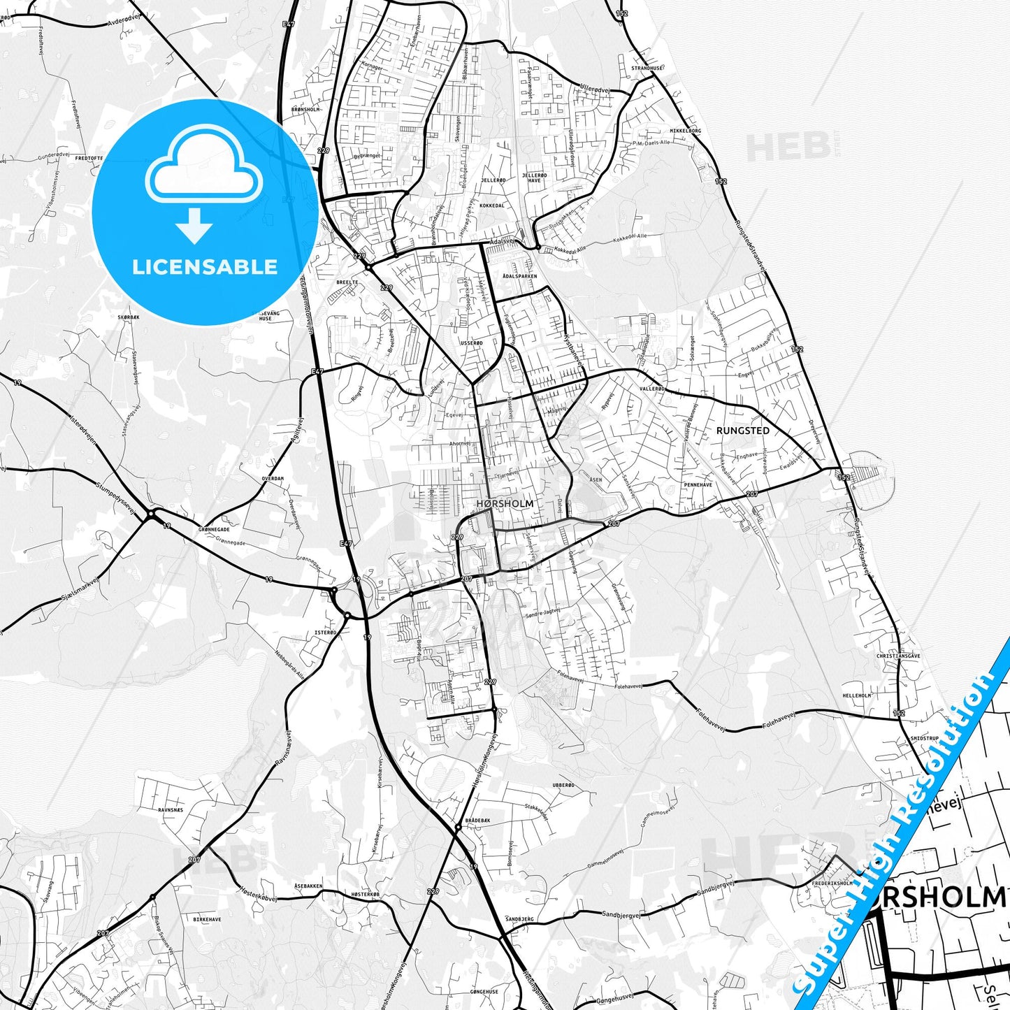 Hørsholm, Denmark Light Map with Street Names, City Names, and Districts