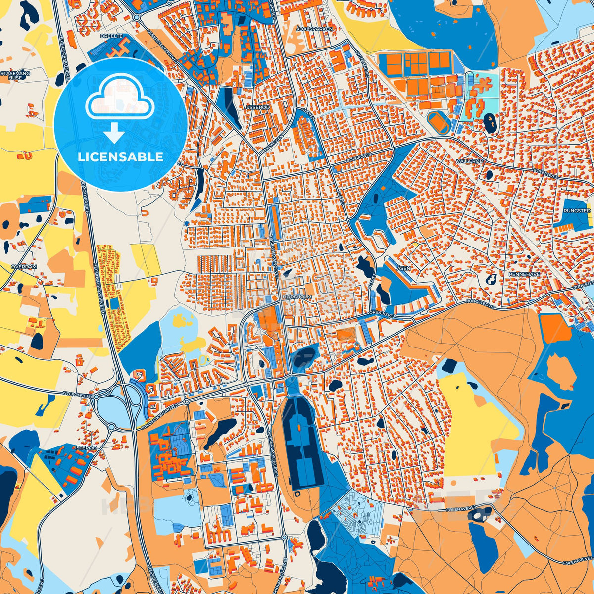 Colorful Hørsholm Street Map with Labels and Buildings