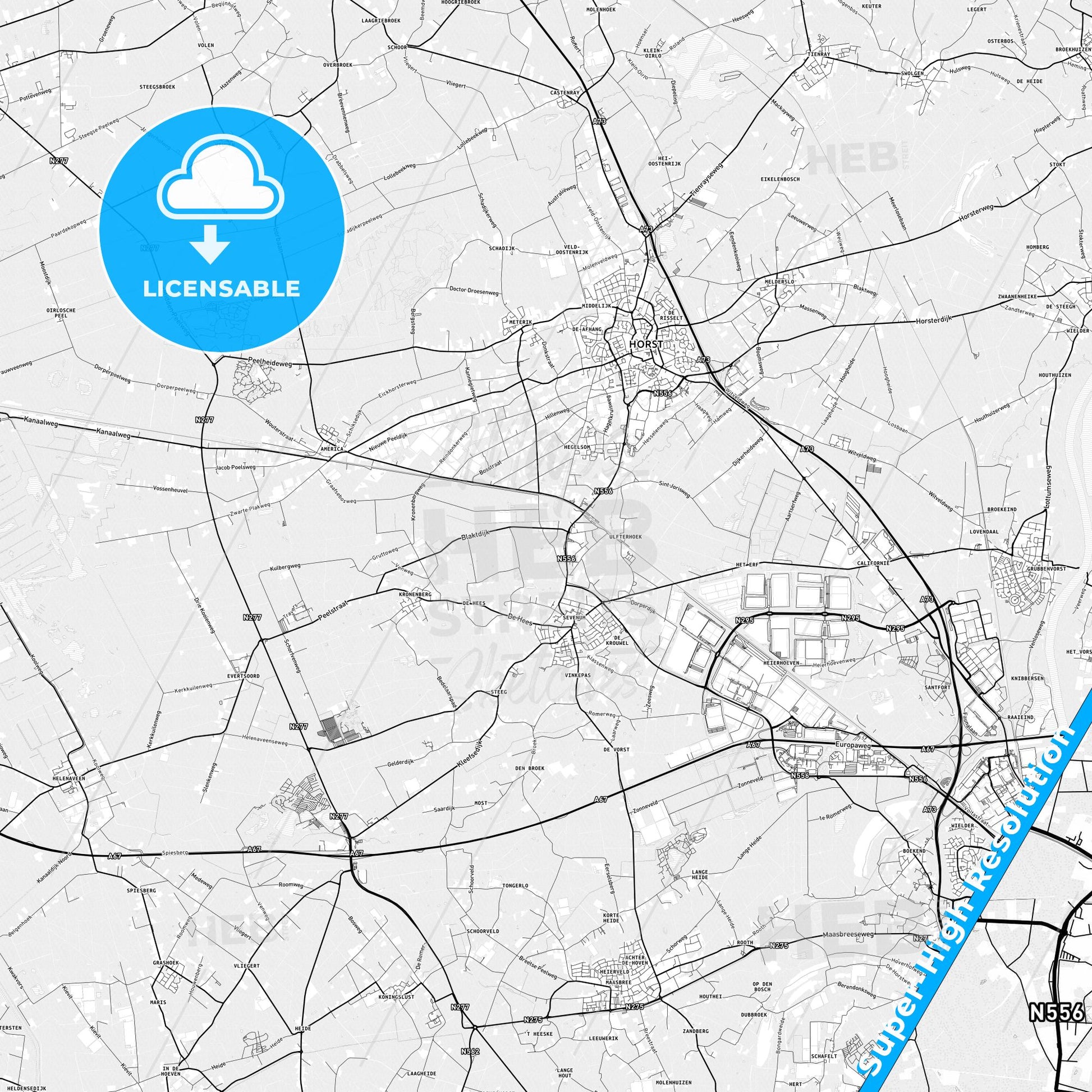 Horst aan de Maas, Netherlands light map with streetnames, citynames and districts