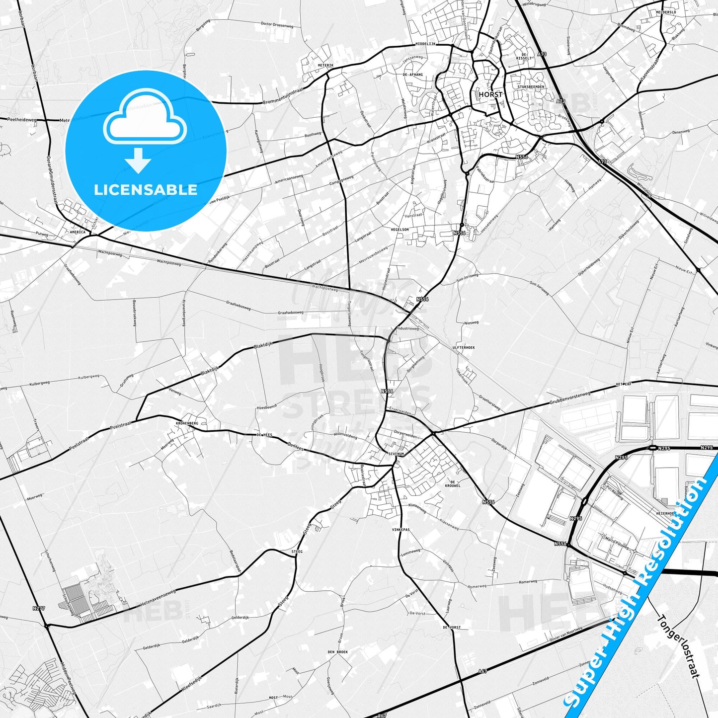 Horst aan de Maas, Netherlands Light Map with Street Names, City Names, and Districts