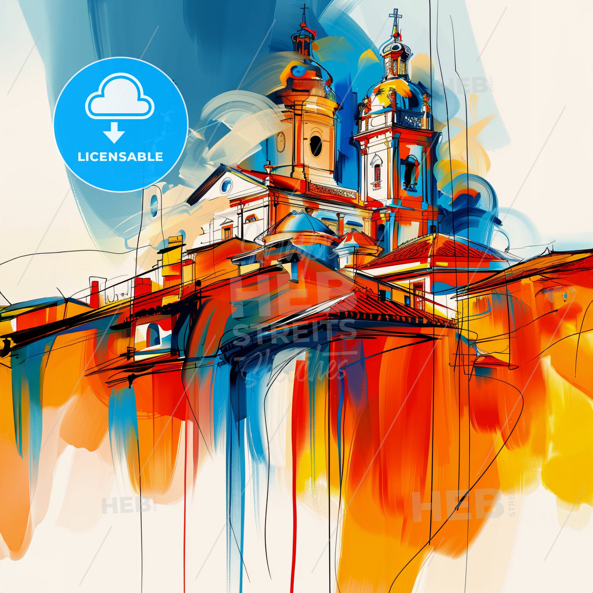 Vibrant Horta-Guinardó, Spain - A Painting Of A Building With Towers And Domes