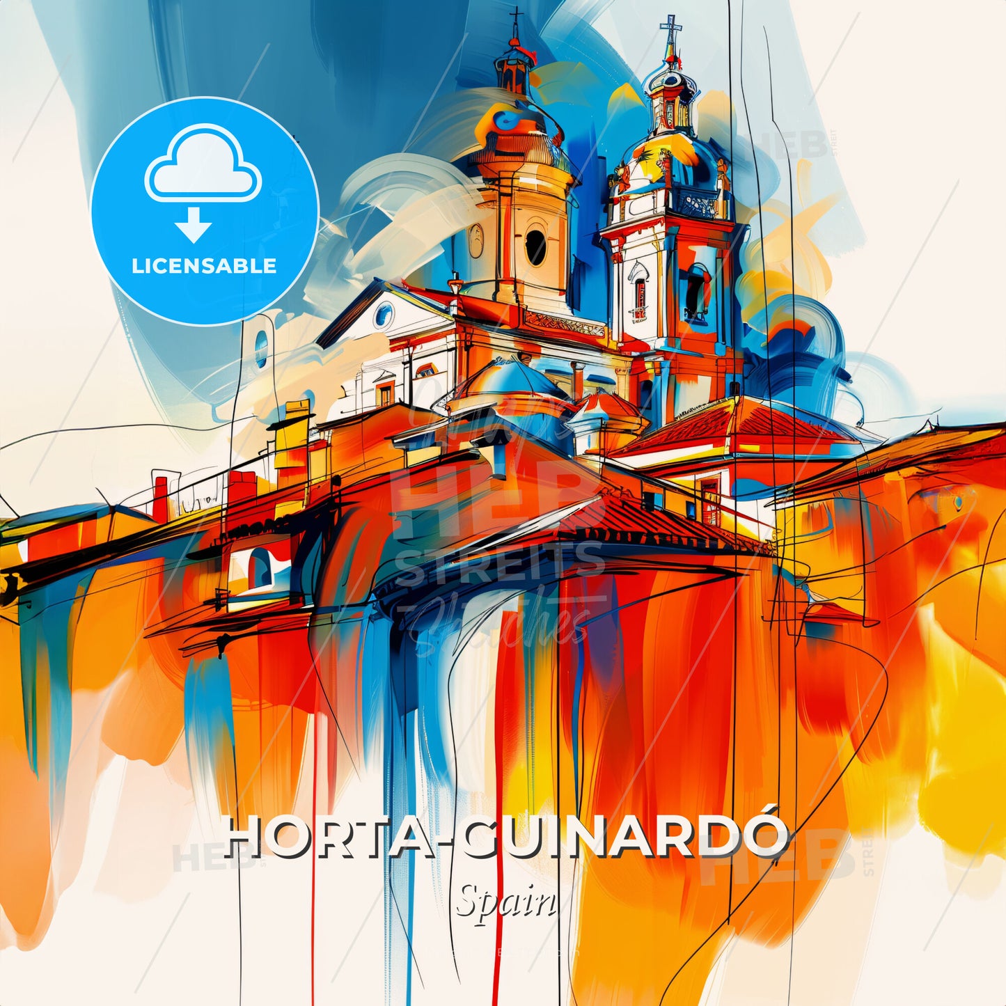 Vibrant Horta-Guinardó, Spain - A Painting Of A Building With Towers And Domes - Square format print template