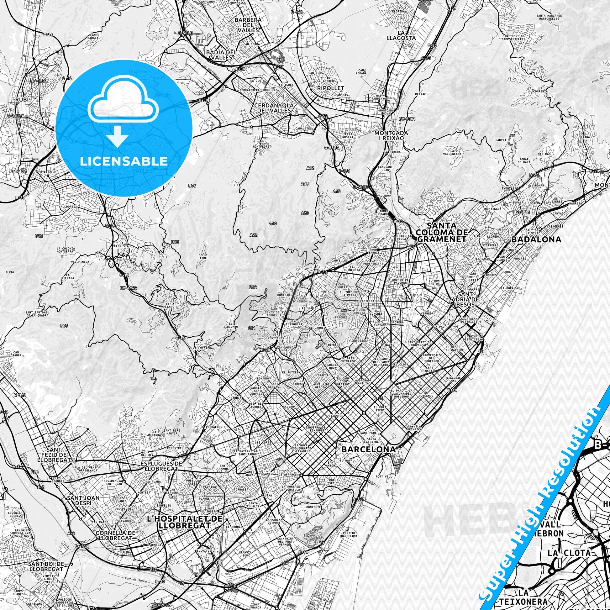 Horta-Guinardó, Spain light map with streetnames, citynames and districts