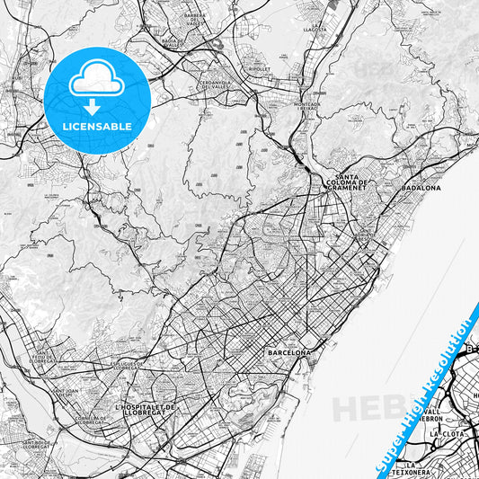 Horta-Guinardó, Spain light map with streetnames, citynames and districts