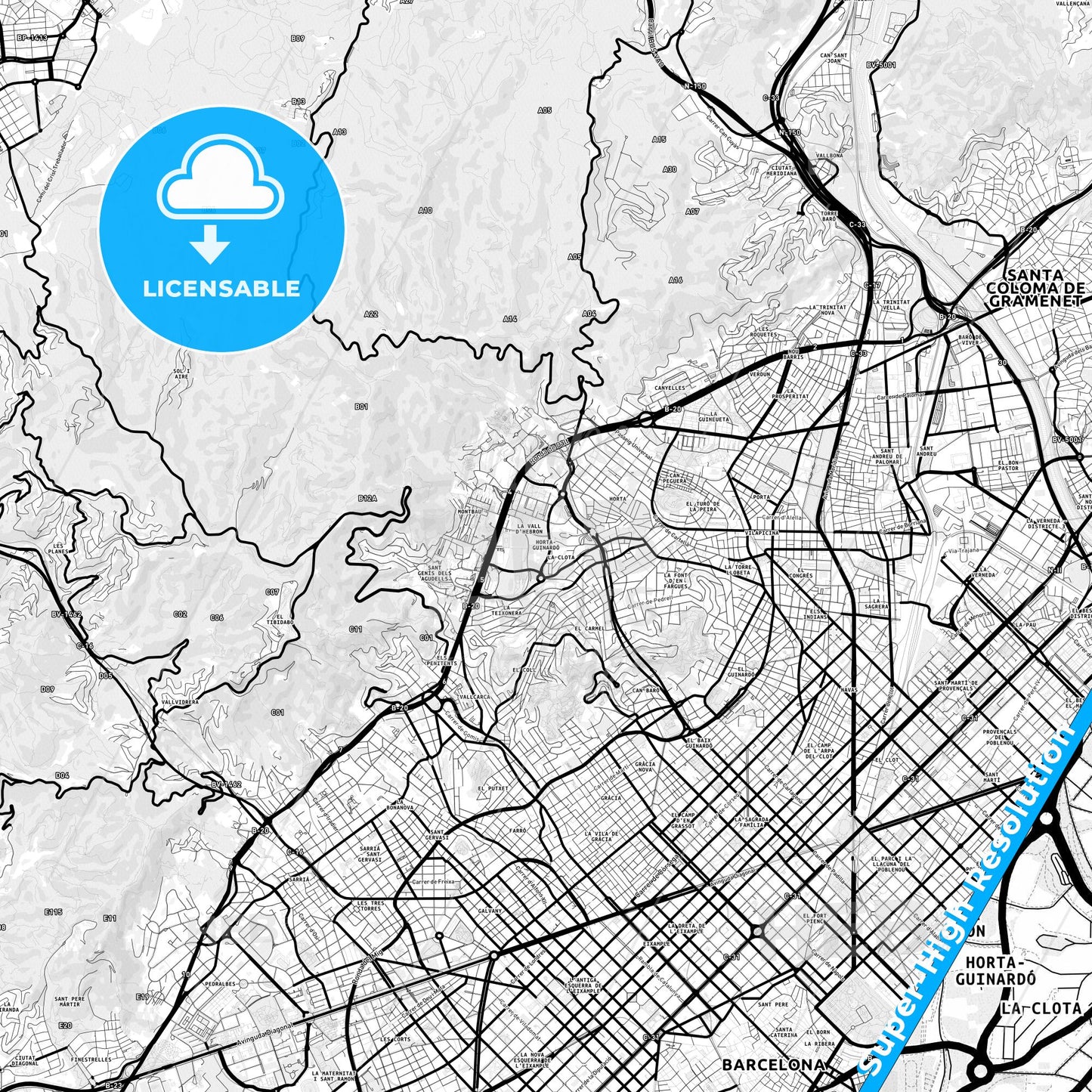 Horta-Guinardó, Spain Light Map with Street Names, City Names, and Districts