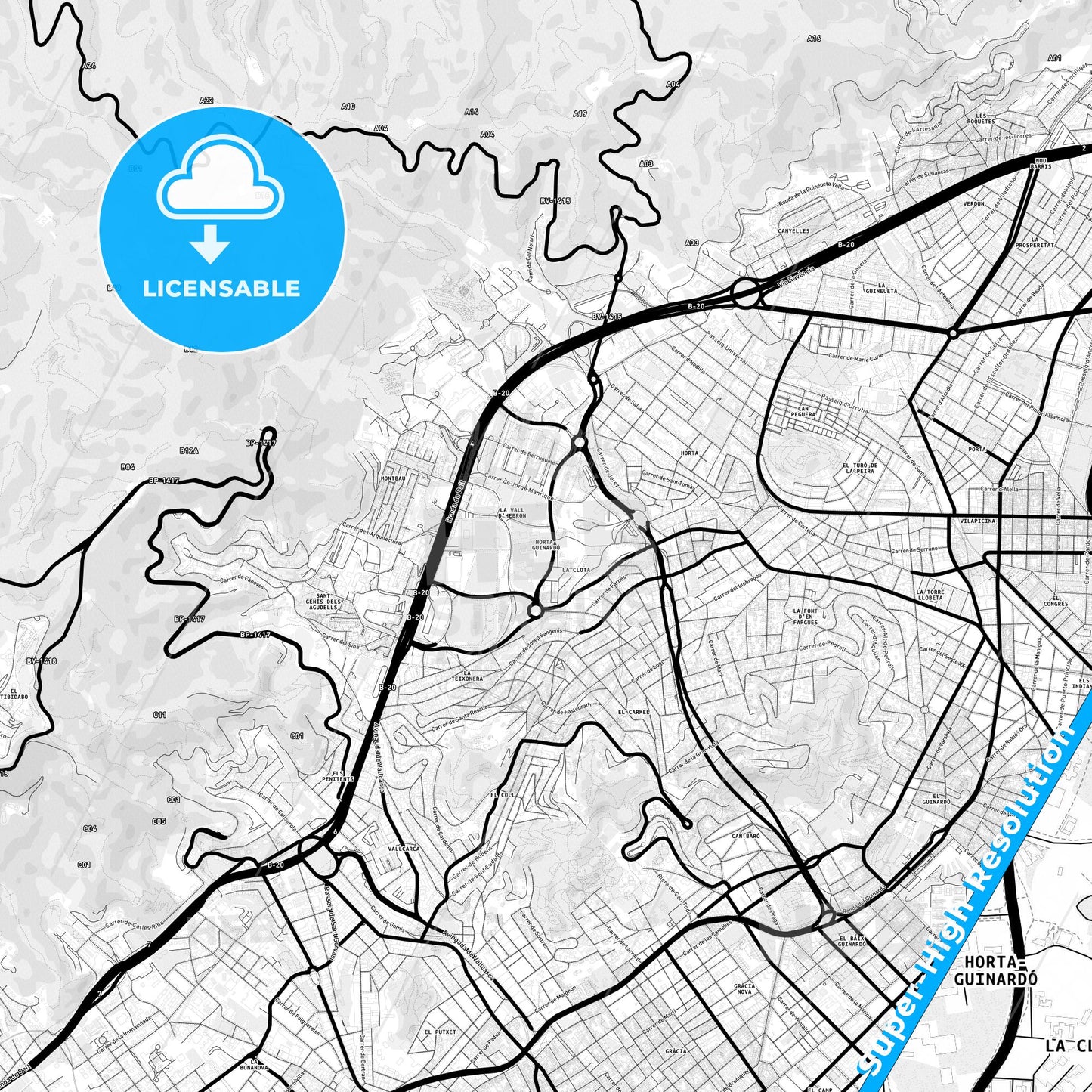 Horta-Guinardó, Spain Light Map with Street Names, City Names, and Districts