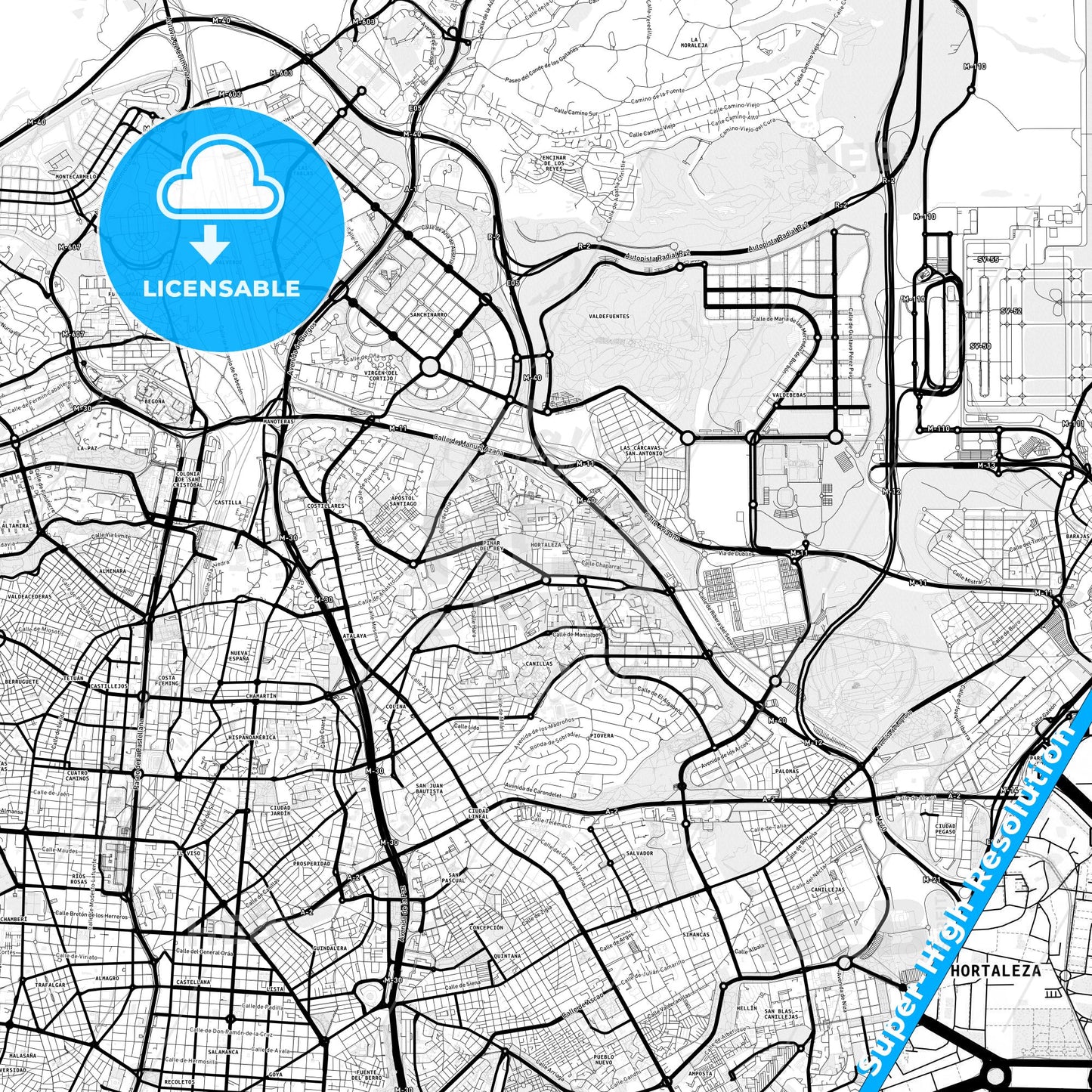 Hortaleza, Spain Light Map with Street Names, City Names, and Districts