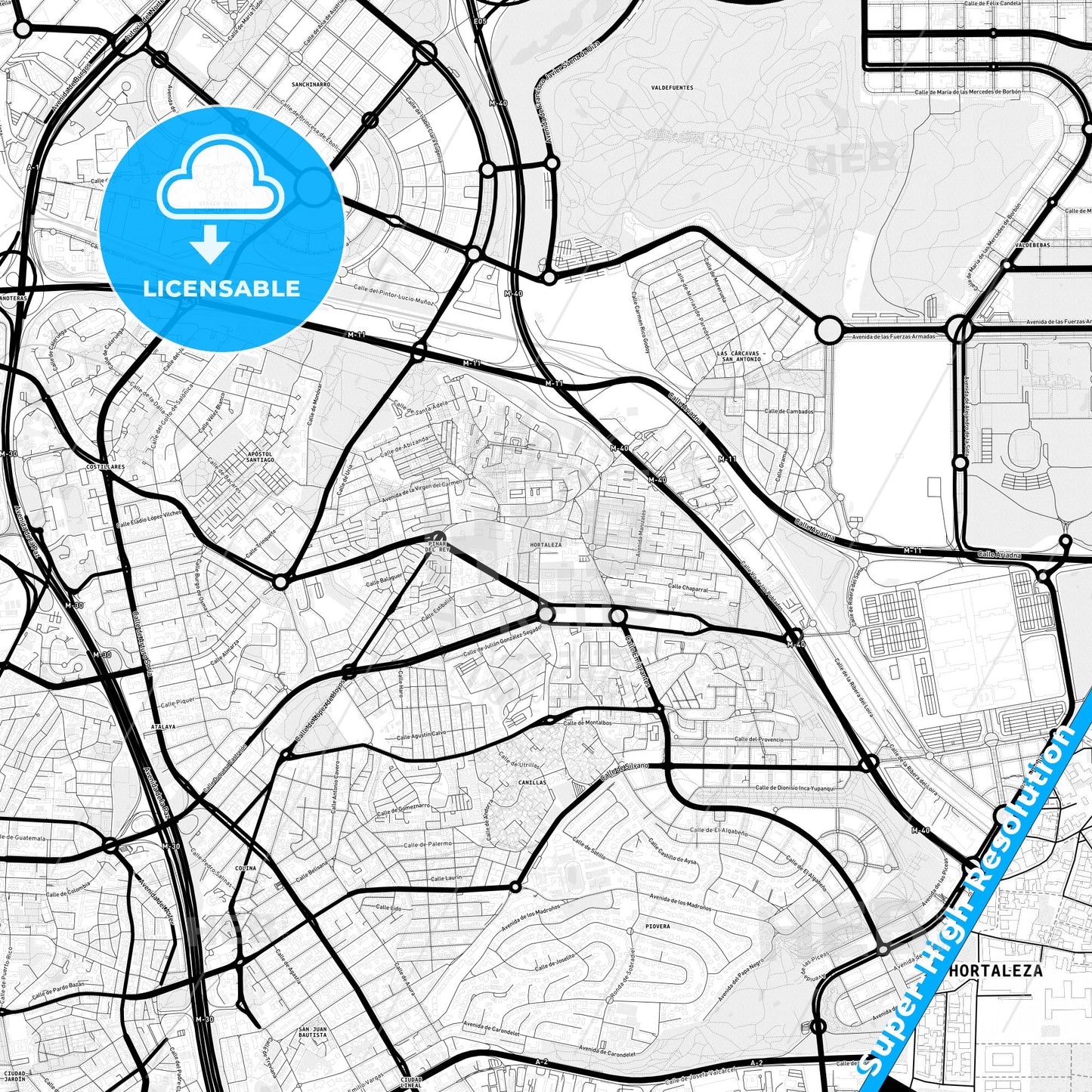 Hortaleza, Spain Light Map with Street Names, City Names, and Districts