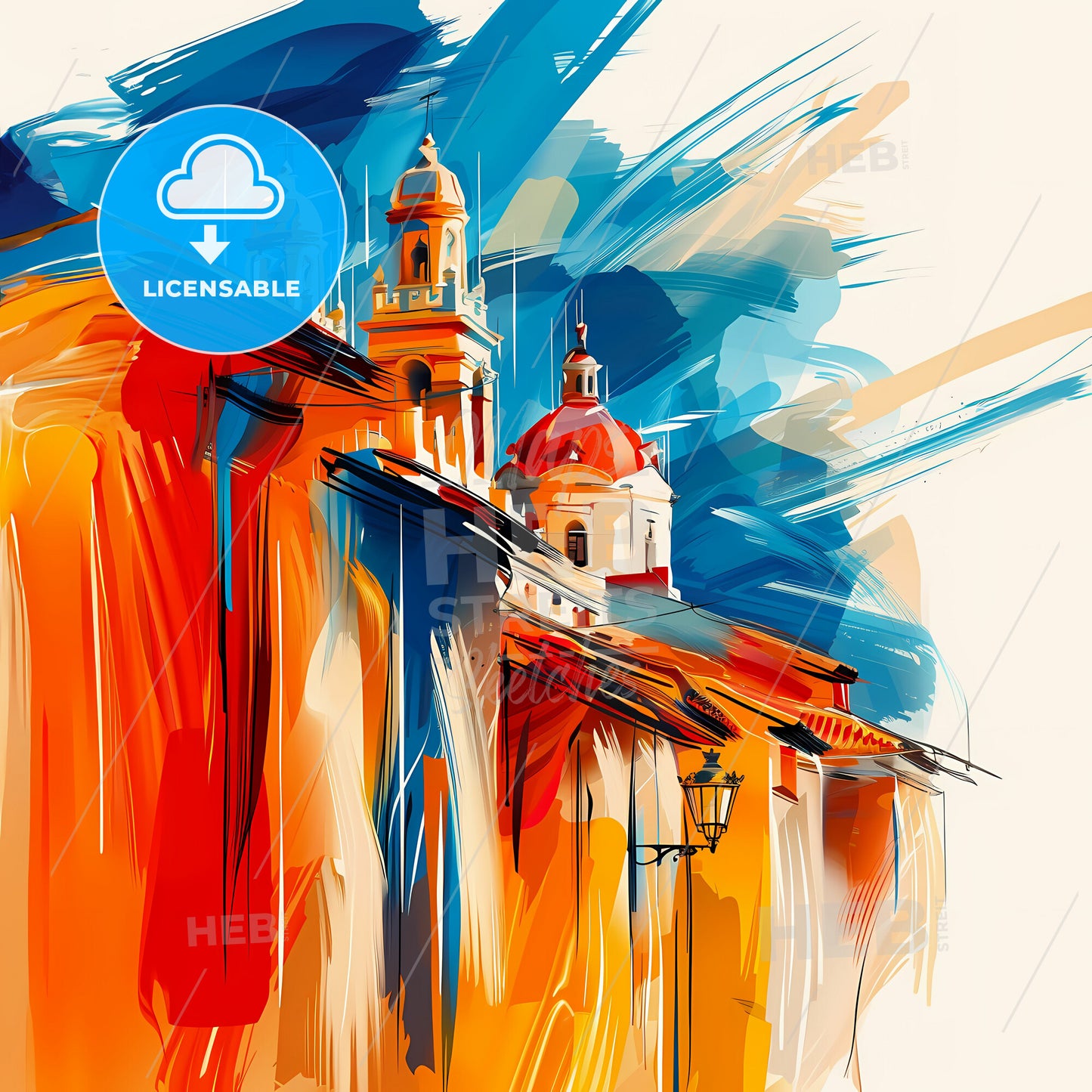 Vibrant Hortaleza, Spain - A Painting Of A Building With A Red And Blue Roof