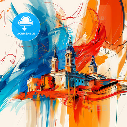 Vibrant Hortaleza, Spain - A Painting Of A Building With A Colorful Background