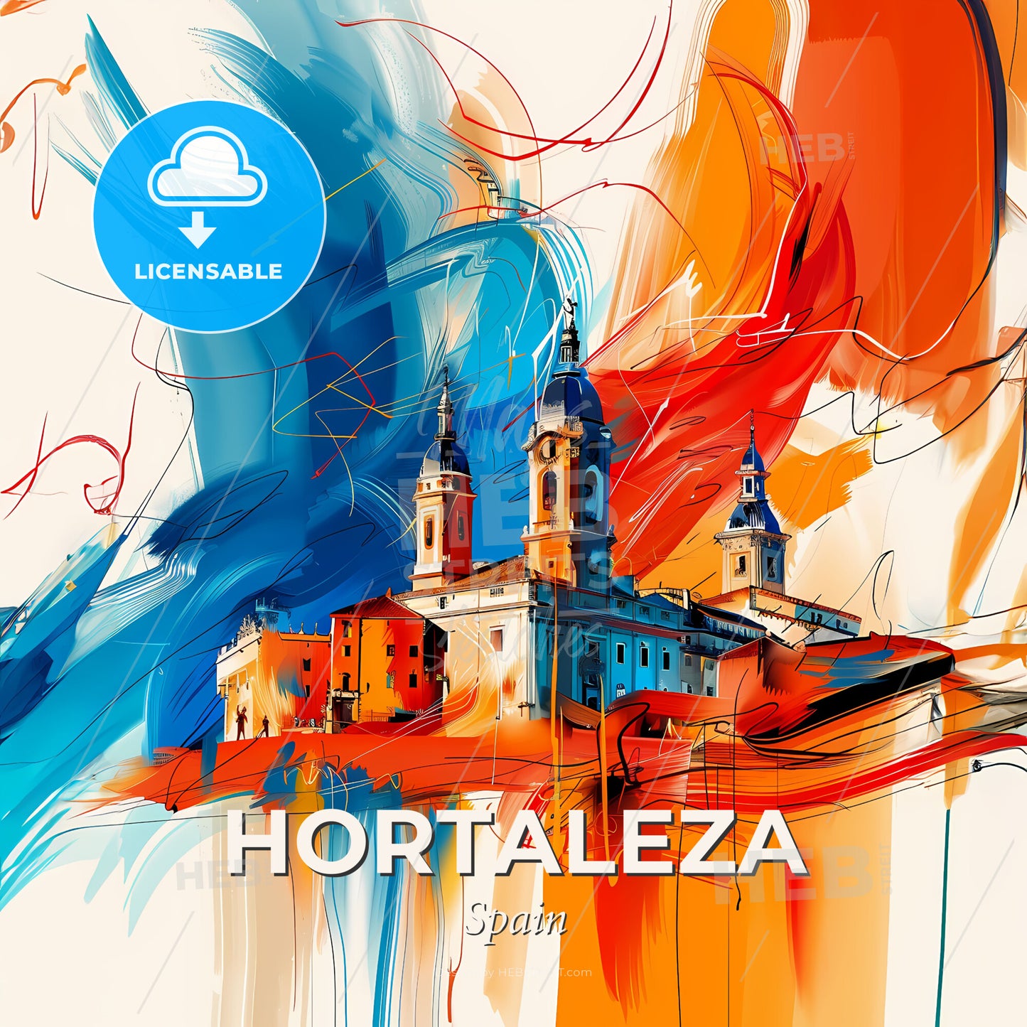 Vibrant Hortaleza, Spain - A Painting Of A Building With A Colorful Background - Square format print template