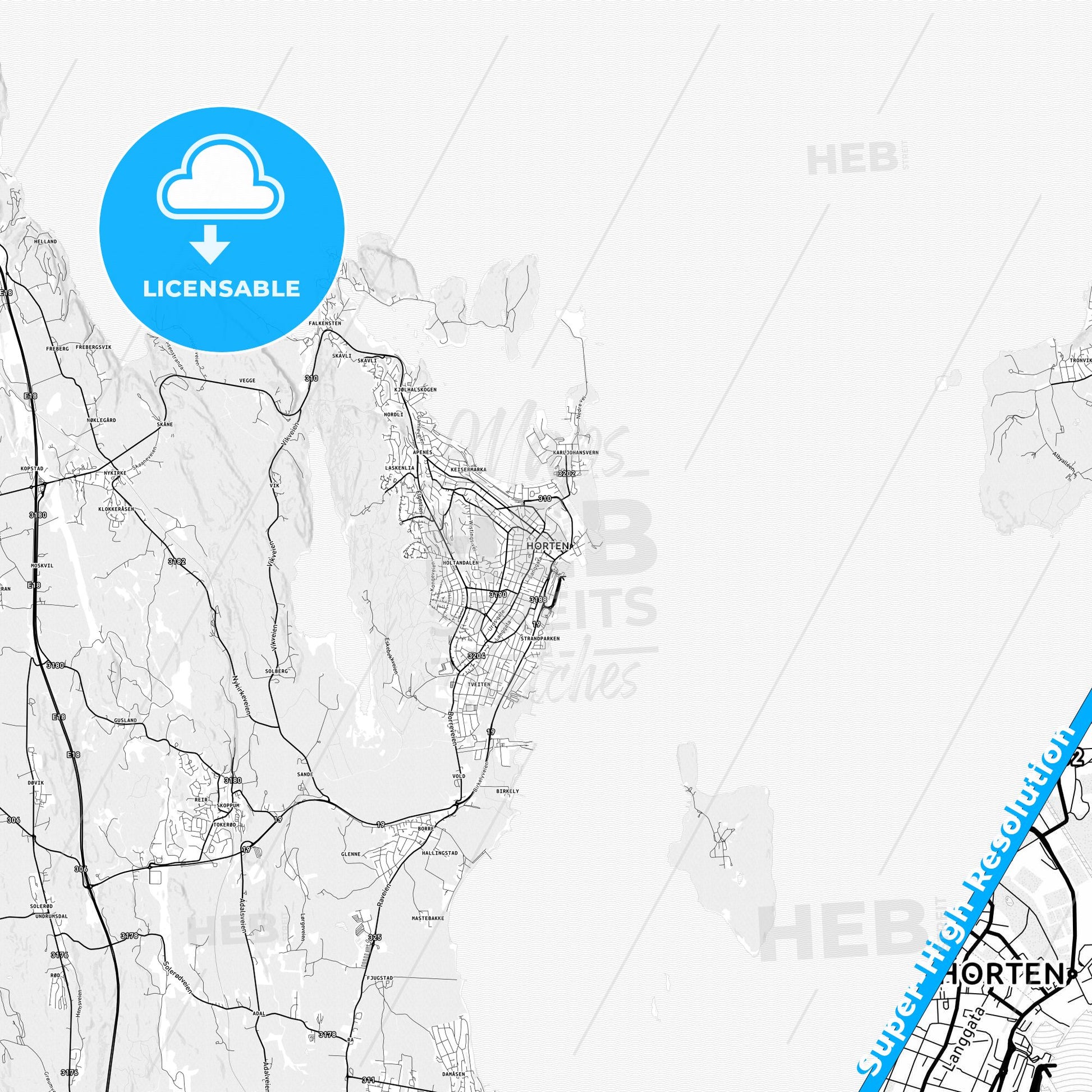 Horten, Norway light map with streetnames, citynames and districts