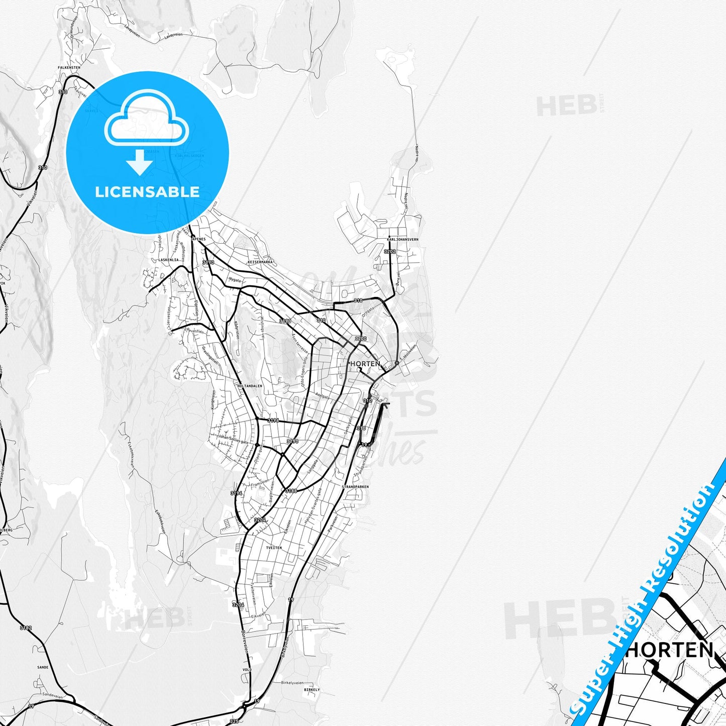 Horten, Norway Light Map with Street Names, City Names, and Districts