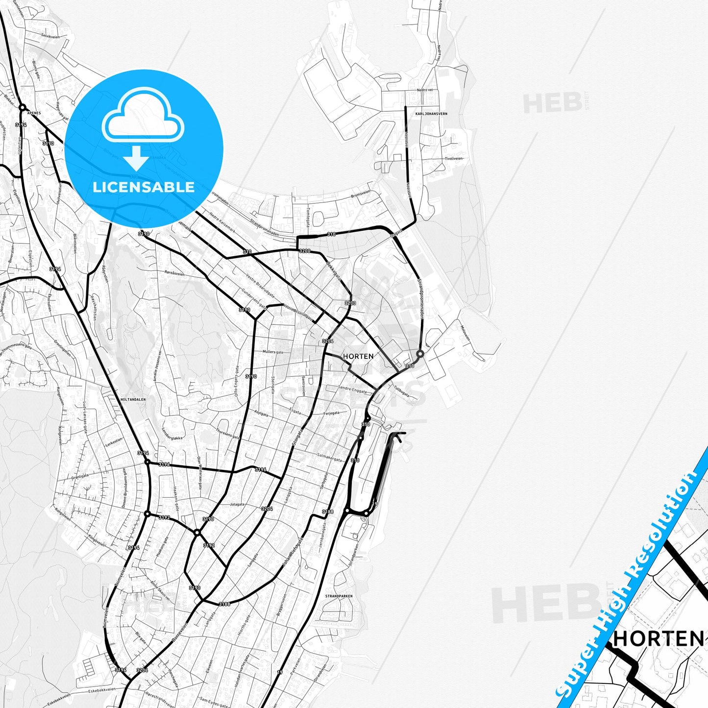 Horten, Norway Light Map with Street Names, City Names, and Districts