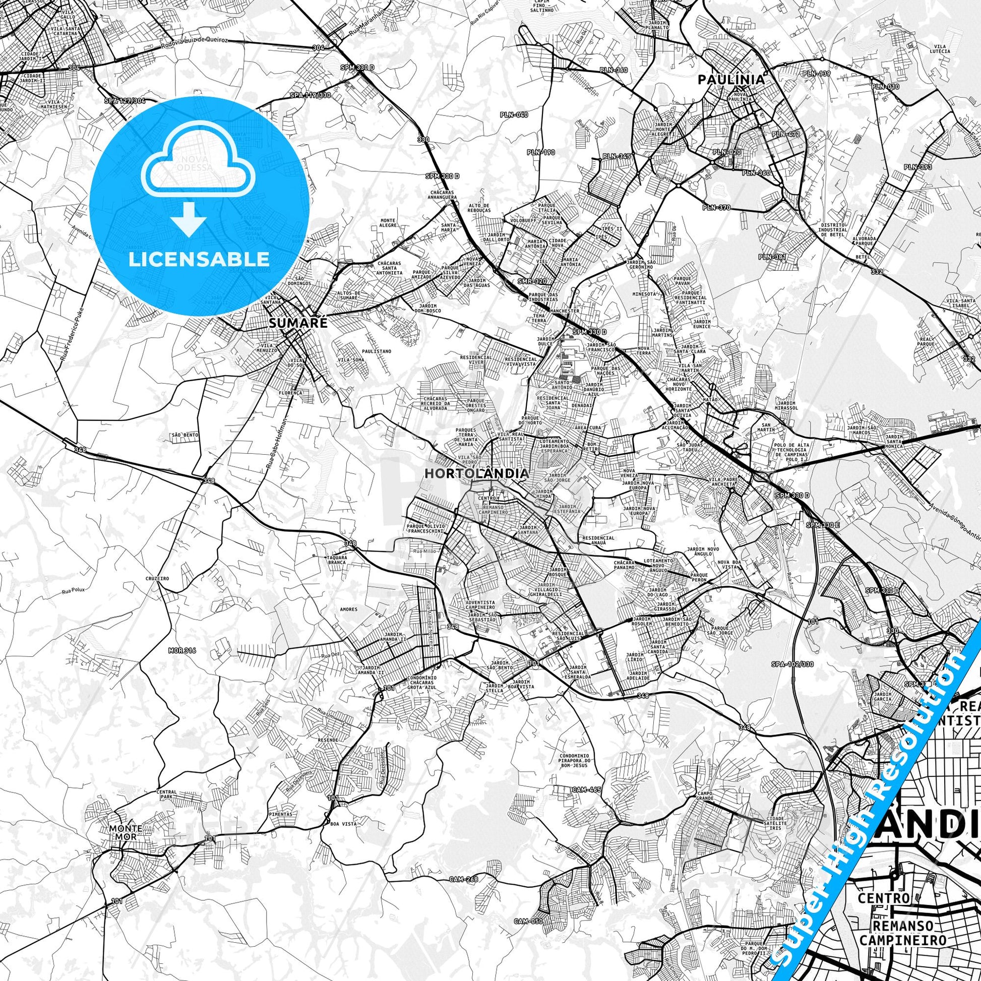 Hortolandia, Brazil light map with streetnames, citynames and districts