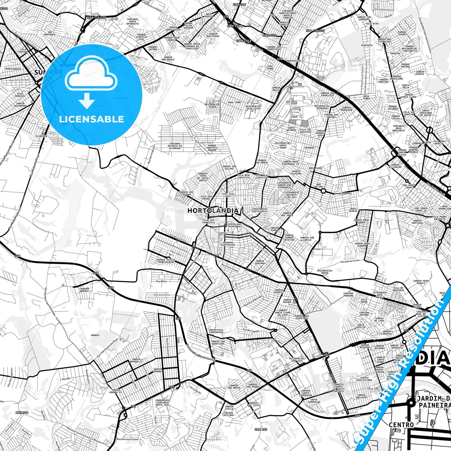 Hortolandia, Brazil Light Map with Street Names, City Names, and Districts