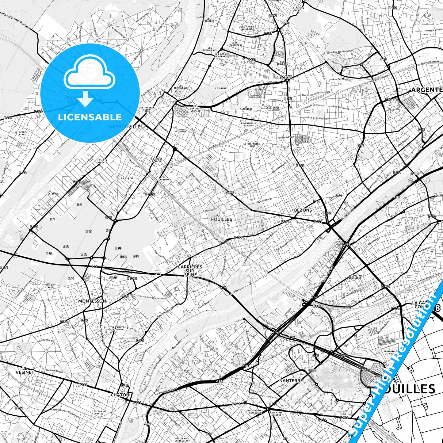 Houilles, France Light Map with Street Names, City Names, and Districts