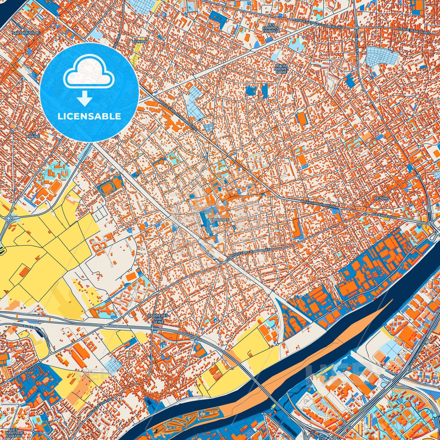 Colorful Houilles Street Map with Labels and Buildings