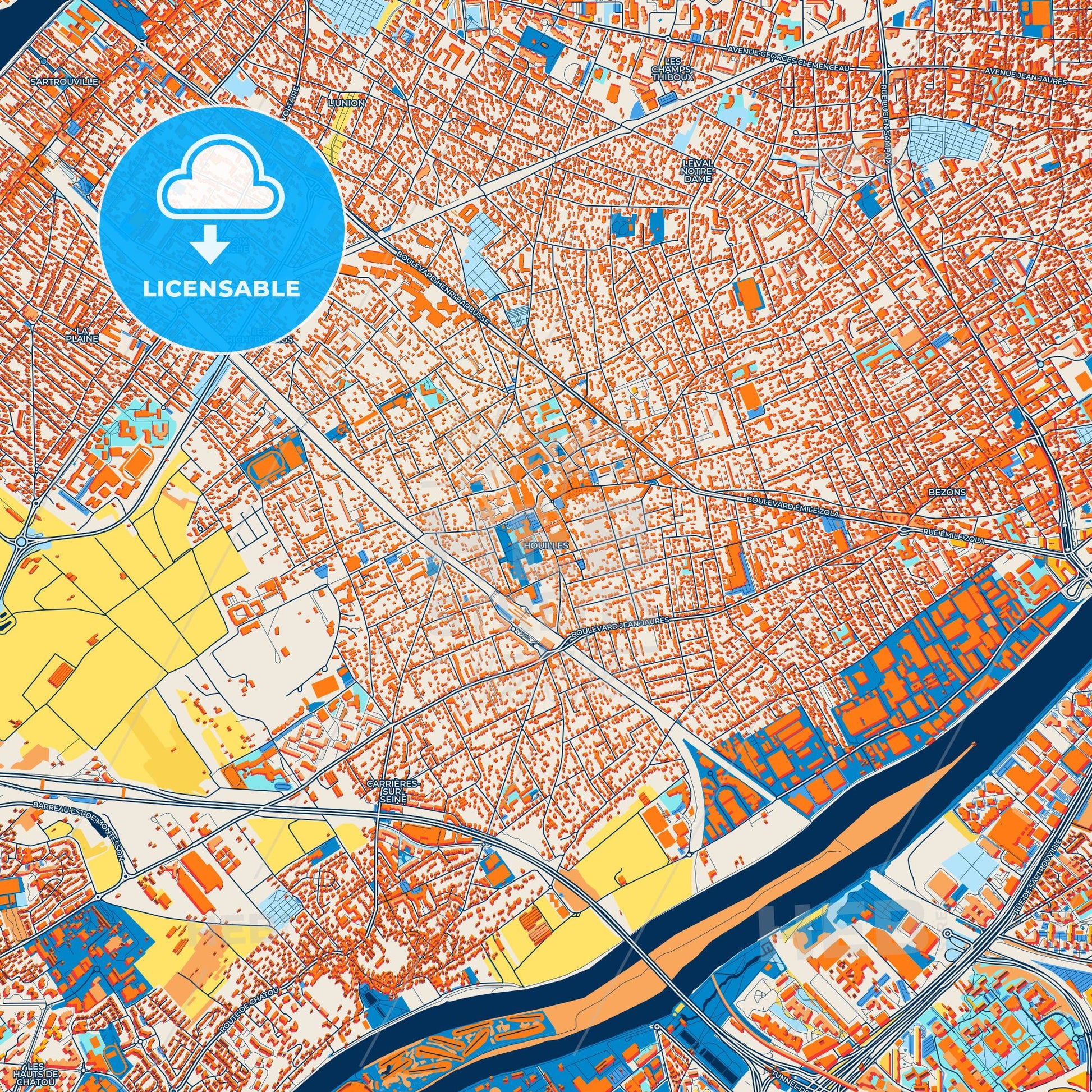 Colorful Houilles Street Map with Labels and Buildings