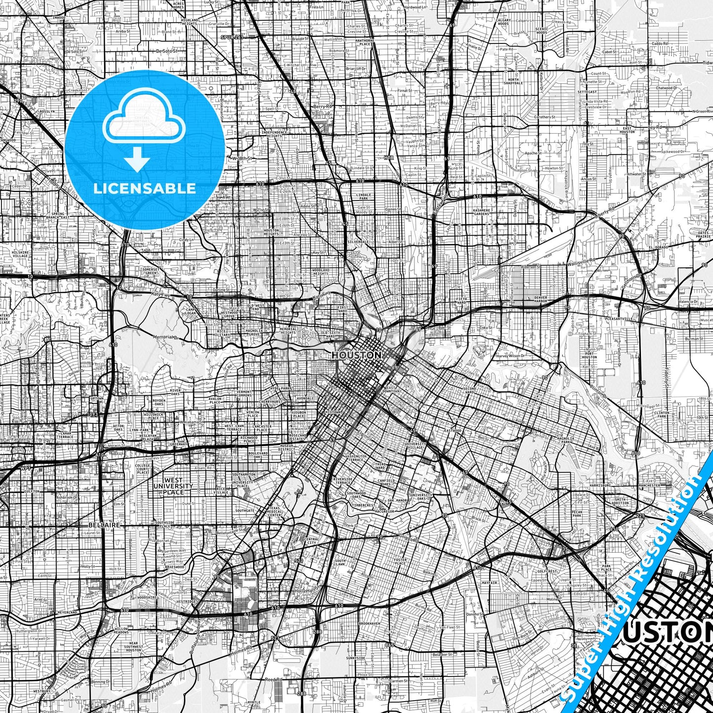 Houston, Texas light map with streetnames, citynames and districts
