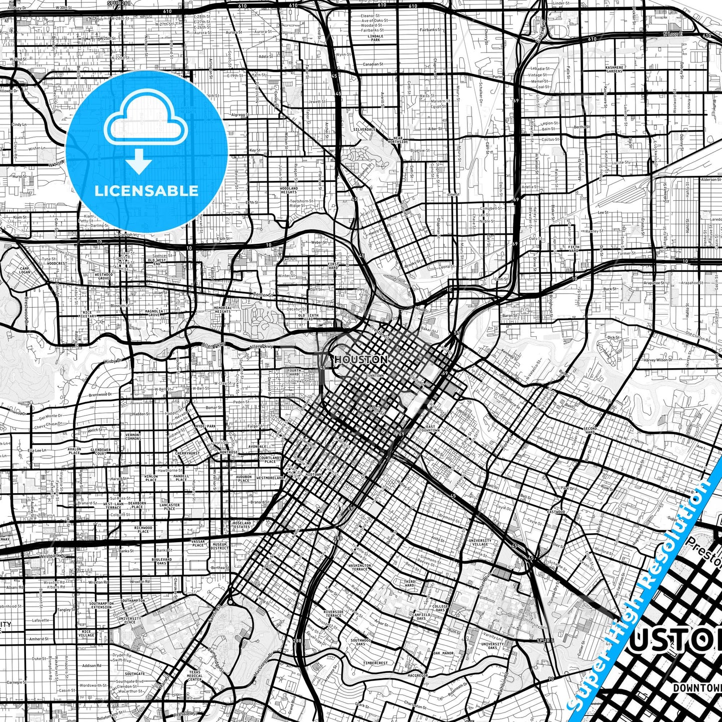 Houston, Texas Light Map with Street Names, City Names, and Districts
