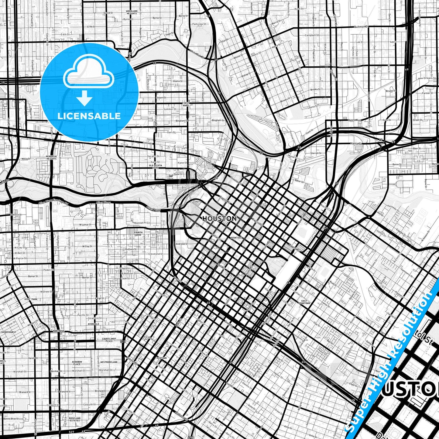 Houston, Texas Light Map with Street Names, City Names, and Districts