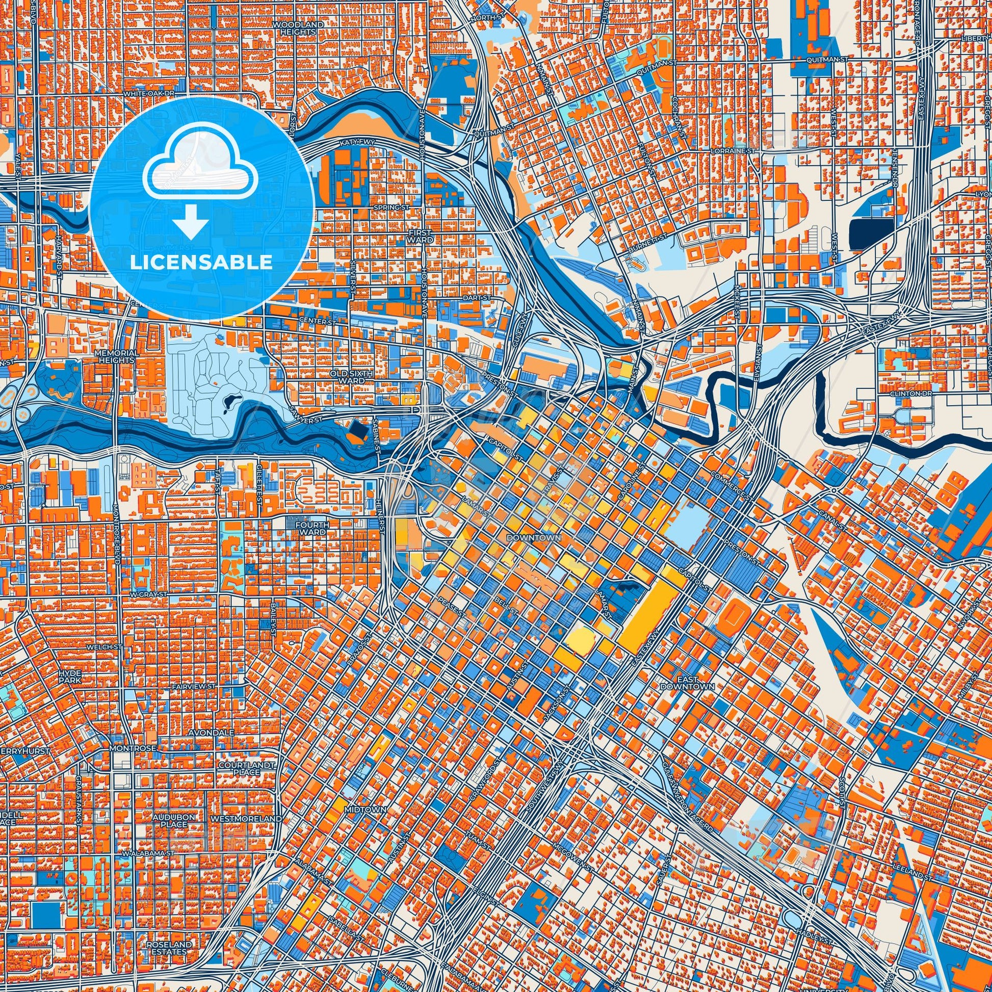 Colorful Houston Street Map with Labels and Buildings